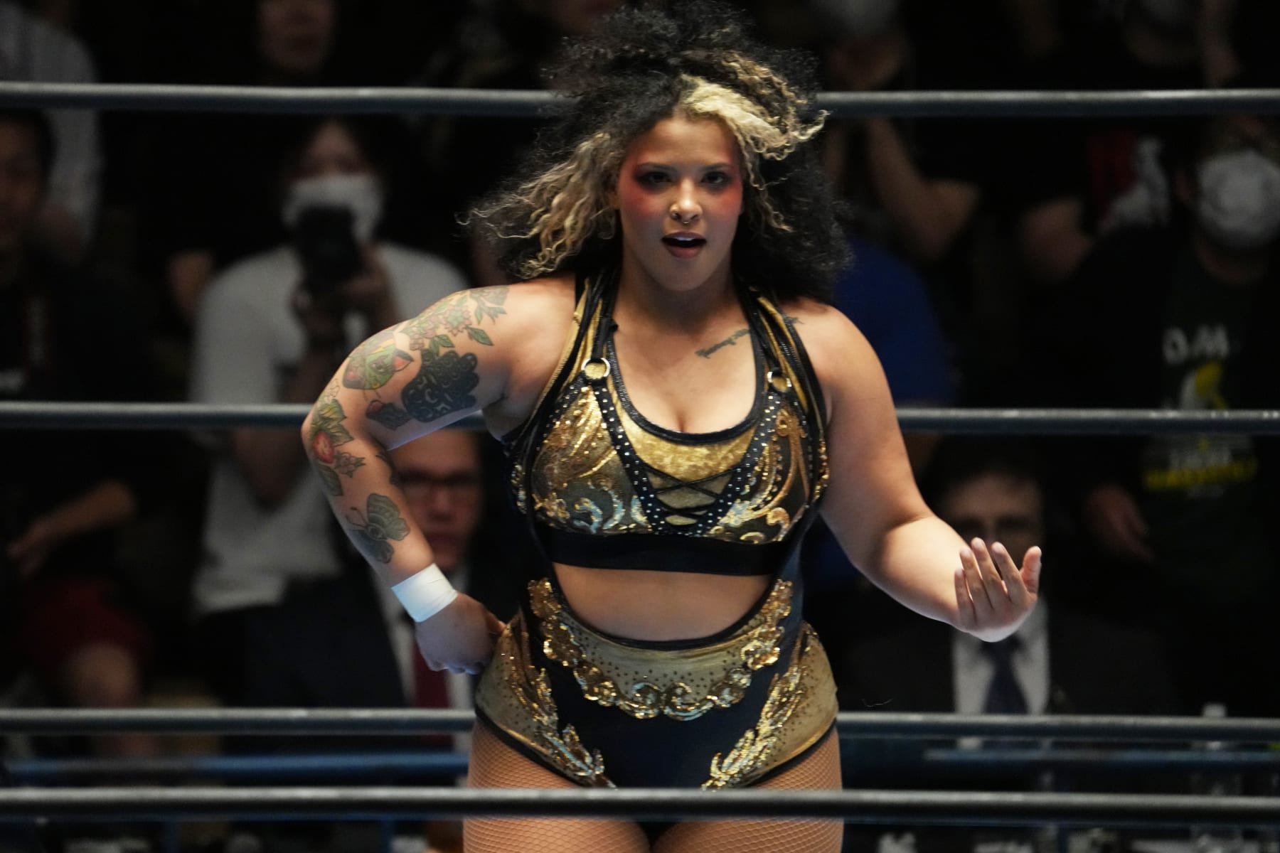TOKYO, JAPAN - JULY 05: Willow Nightingale reacts  during the New Japan Pro-Wrestling - STRONG at Korakuen Hall on July 05, 2023 in Tokyo, Japan. (Photo by Etsuo Hara/Getty Images)