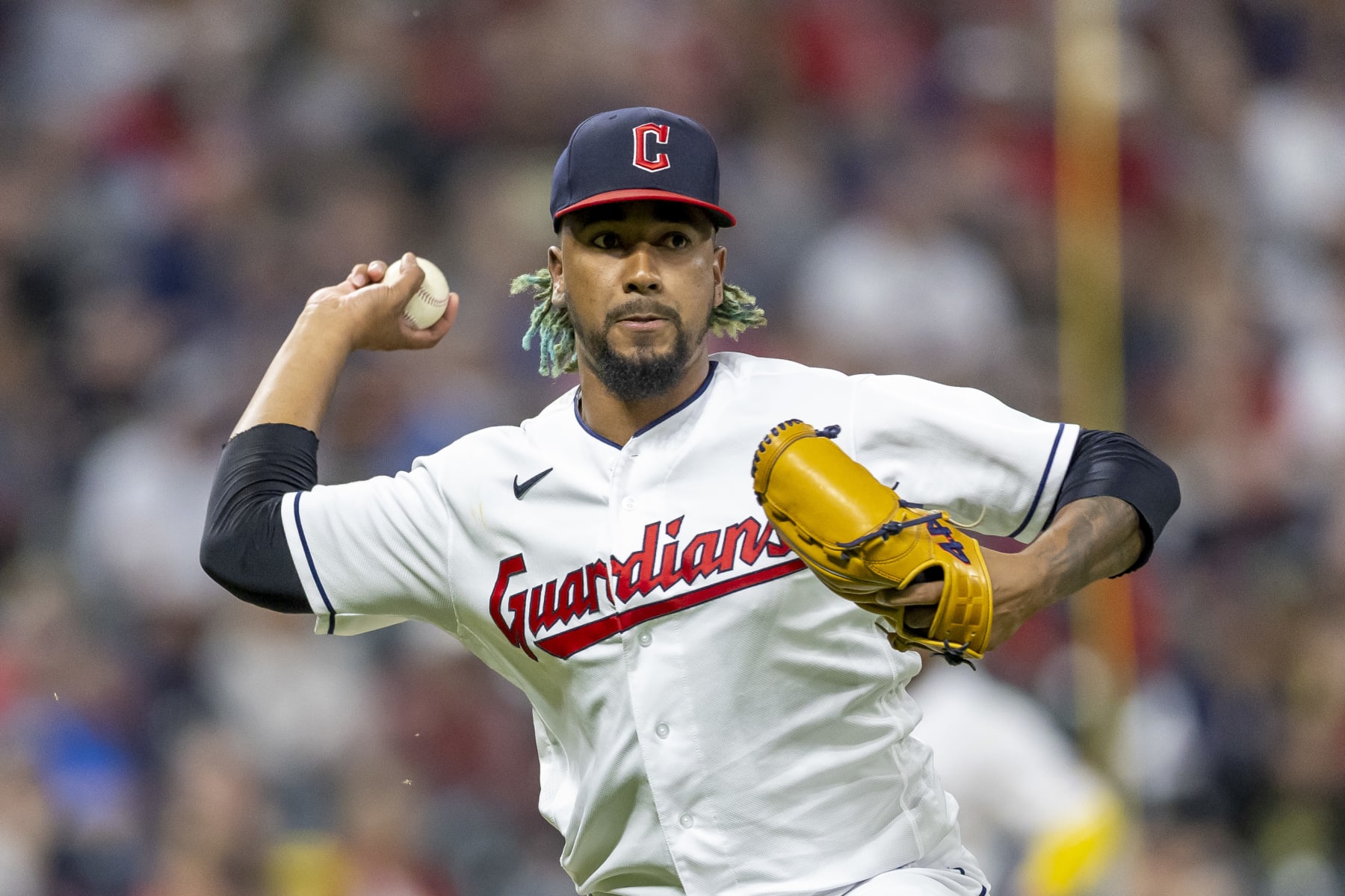 CLEVELAND, OH - JUNE 09: Emmanuel Clase #48 of the Cleveland Guardians throws to first during the game between the Houston Astros and the Cleveland Guardians at Progressive Field on Friday, June 9, 2023 in Cleveland, Ohio. (Photo by Nate Manley/MLB Photos via Getty Images)