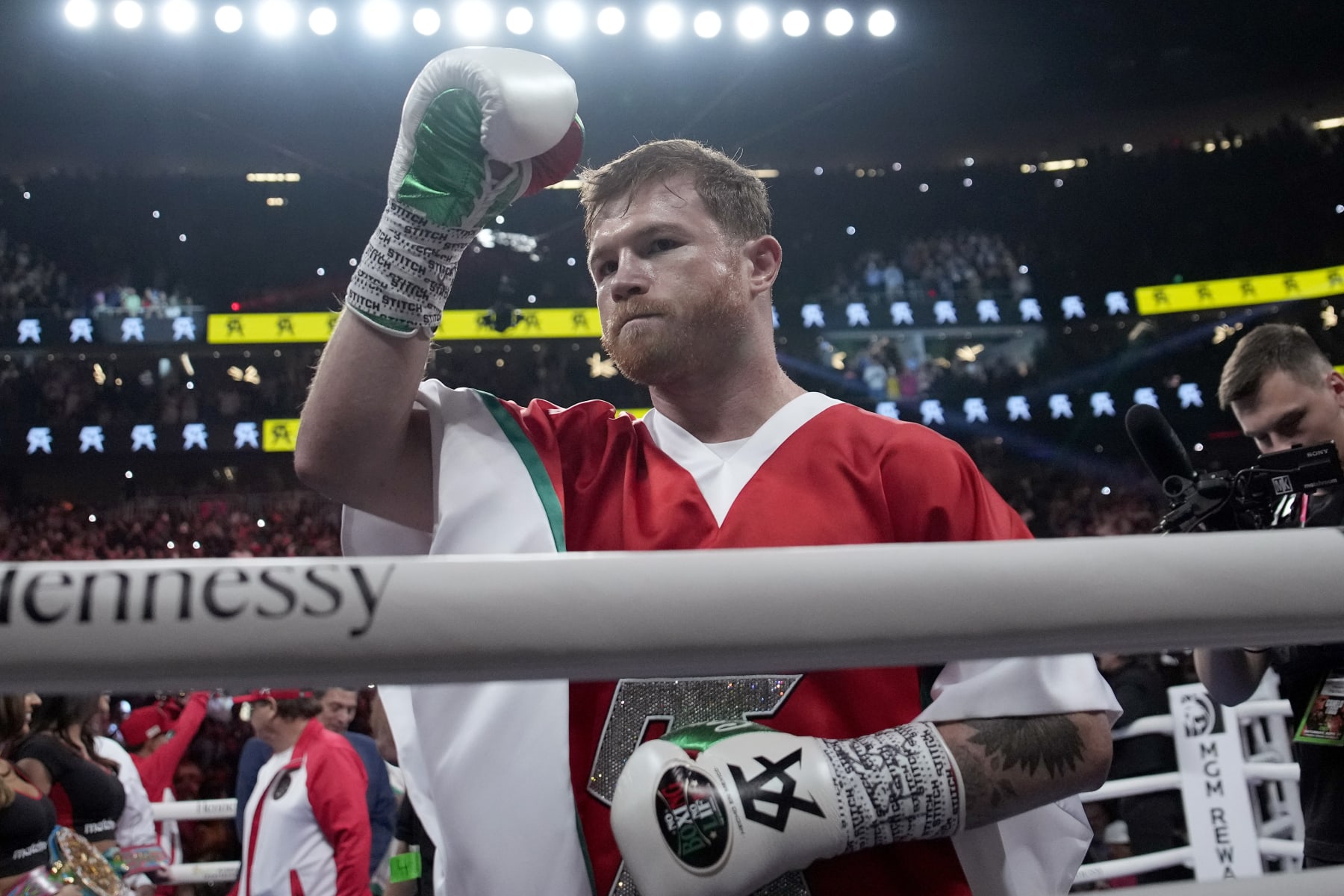 Canelo Alvarez steps into the ring prior to his super middleweight title boxing match against the Gennady Golovkin, Saturday, Sept. 17, 2022, in Las Vegas. (AP Photo/John Locher)