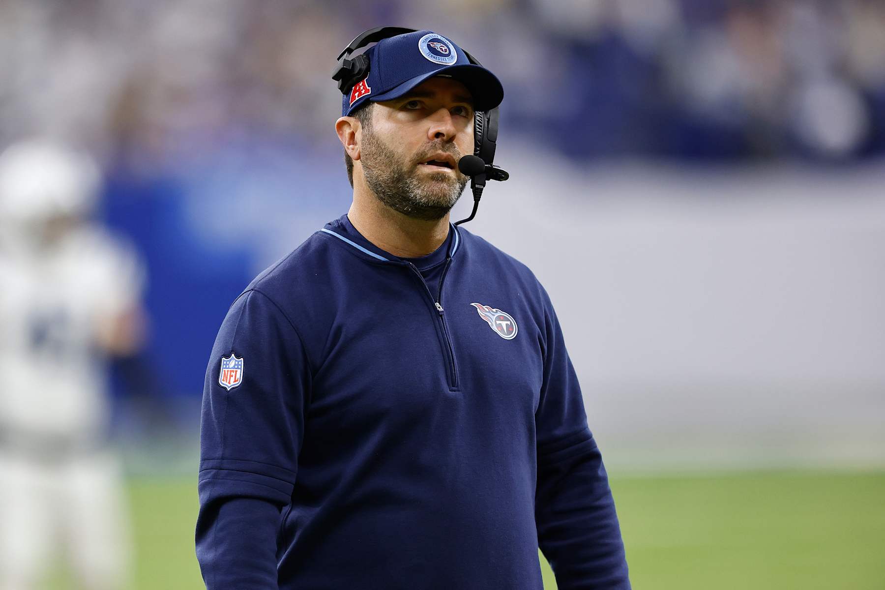 INDIANAPOLIS, IN - DECEMBER 22:  Tennessee Titans head coach Brian Callahan during a NFL game between the Tennessee Titans and the Indianapolis Colts on December 22, 2024 at Lucas Oil Stadium in Indianapolis, IN.  (Photo by Jeffrey Brown/Icon Sportswire via Getty Images)