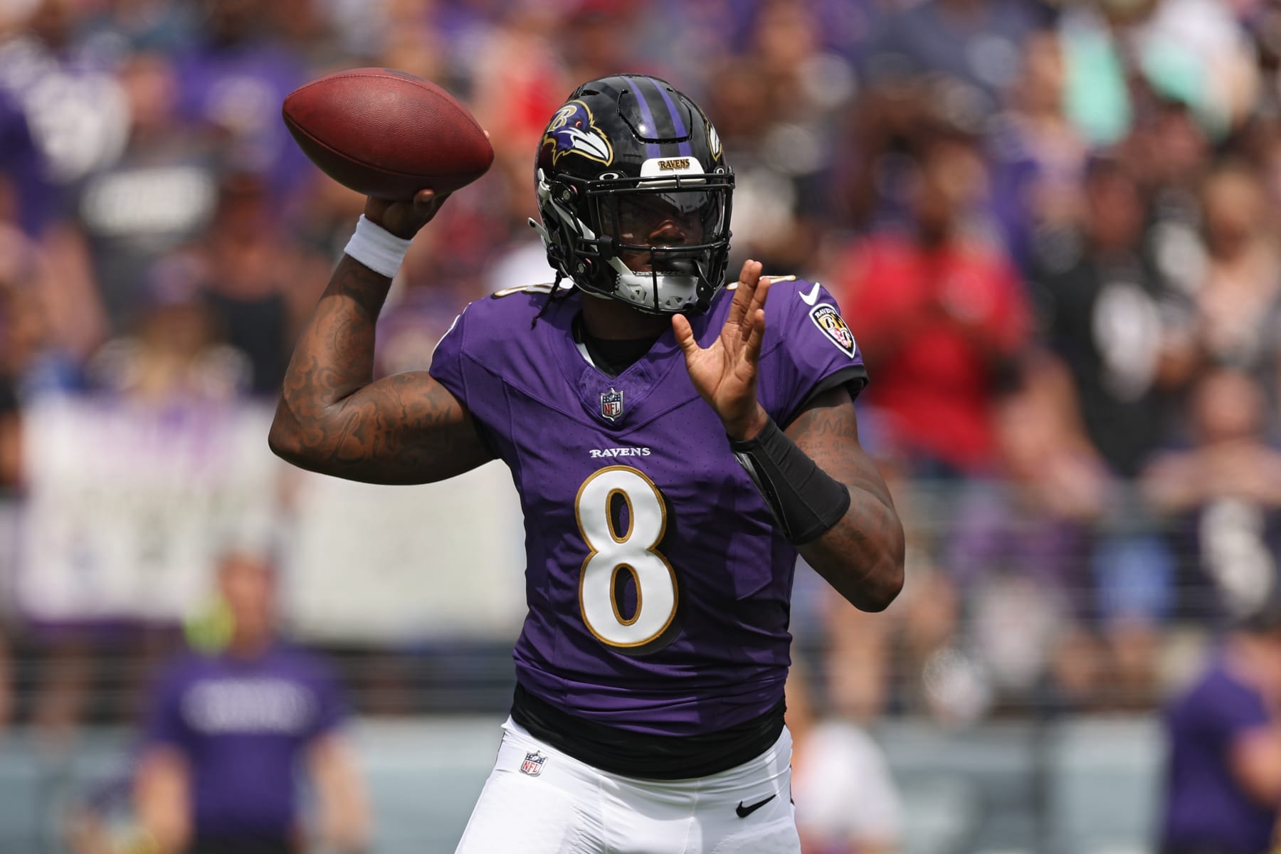 BALTIMORE, MARYLAND - SEPTEMBER 10: Quarterback Lamar Jackson #8 of the Baltimore Ravens passes the ball against the Houston Texans at M&T Bank Stadium on September 10, 2023 in Baltimore, Maryland. (Photo by Patrick Smith/Getty Images)