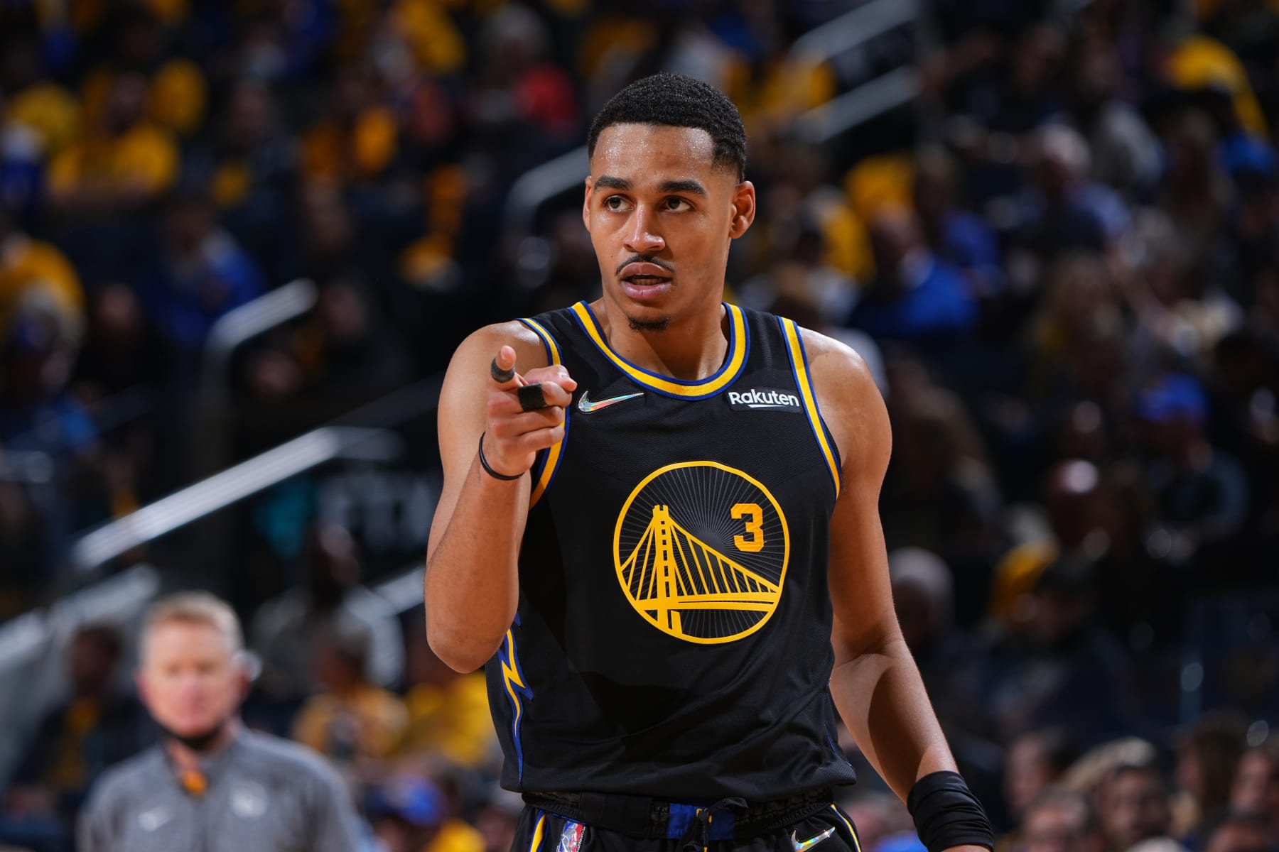 SAN FRANCISCO, CA - MAY 26: Jordan Poole #3 of the Golden State Warriors looks on against the Dallas Mavericks during Game 5 of the 2022 NBA Playoffs Western Conference Finals on May 26, 2022 at Chase Center in San Francisco, California. NOTE TO USER: User expressly acknowledges and agrees that, by downloading and or using this photograph, user is consenting to the terms and conditions of Getty Images License Agreement. Mandatory Copyright Notice: Copyright 2022 NBAE (Photo by Garrett Ellwood/NBAE via Getty Images)