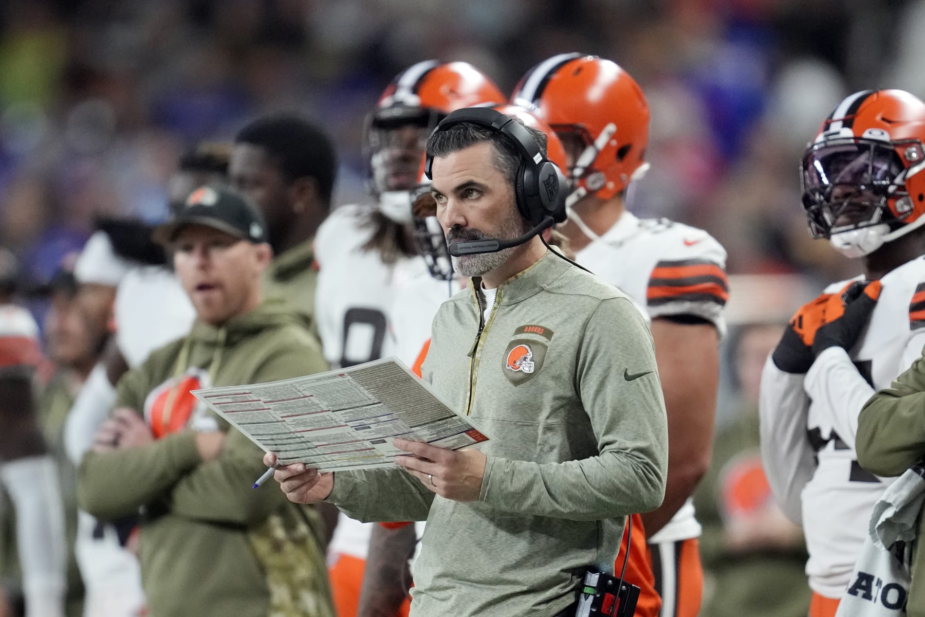Cleveland Browns head coach Kevin Stefanski watches from the sideline during the first half of an NFL football game against the Buffalo Bills, Sunday, Nov. 20, 2022, in Detroit. (AP Photo/Paul Sancya)