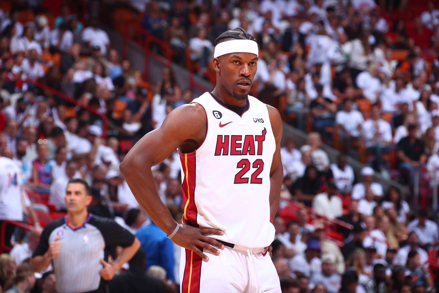 MIAMI, FL - MAY 8: Jimmy Butler #22 of the Miami Heat looks on during Round 2 Game 4 of the Eastern Conference Semi-Finals 2023 NBA Playoffs against the New York Knicks on May 8, 2023 at Miami-Dade Arena in Miami, Florida. NOTE TO USER: User expressly acknowledges and agrees that, by downloading and or using this Photograph, user is consenting to the terms and conditions of the Getty Images License Agreement. Mandatory Copyright Notice: Copyright 2023 NBAE (Photo by Nathaniel S. Butler/NBAE via Getty Images)