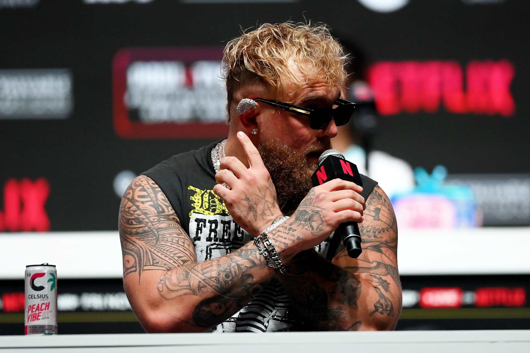 Texas , United States - 13 November 2024; Jake Paul during a press conference, held at Toyota Music Factory in Irving, Texas, USA, ahead of his heavyweight bout with Mike Tyson, on November 15th at AT&T Stadium in Arlington, Texas. (Photo By Stephen McCarthy/Sportsfile via Getty Images)