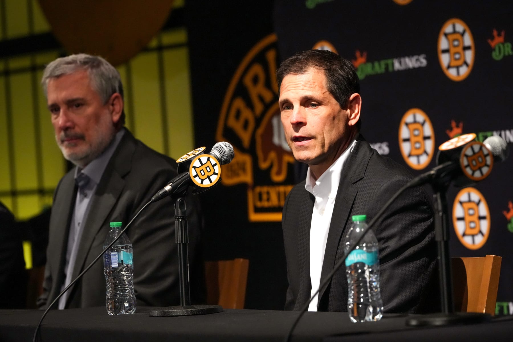 Boston, MA - May 22: Boston Bruins President Cam Neely and GM Don Sweeney during the team's end of season press conference at TD Garden. (Photo by Barry Chin/The Boston Globe via Getty Images)
