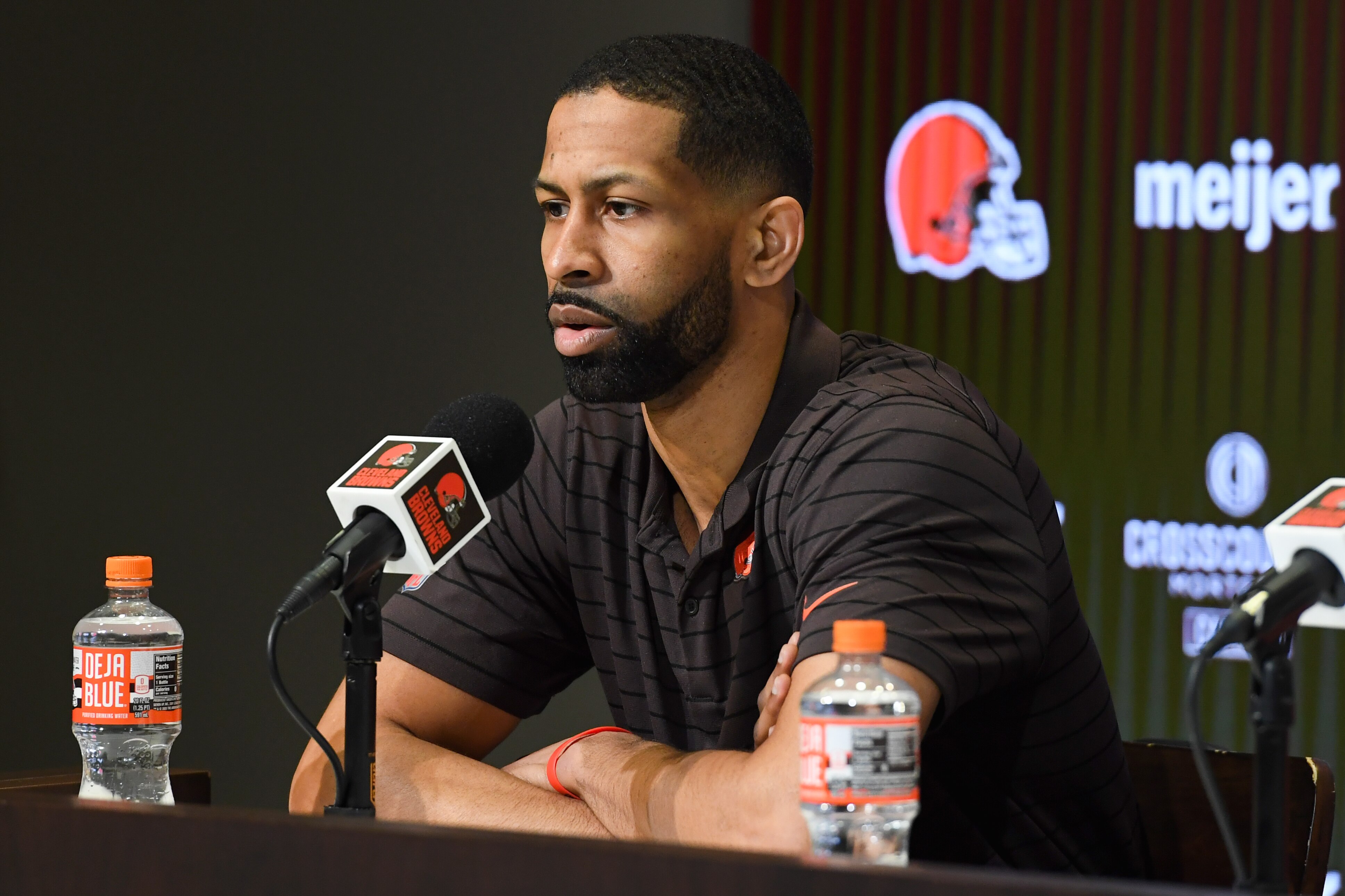 BEREA, OHIO - MARCH 25: Cleveland Browns general manager Andrew Berry speaks during a press conference at CrossCountry Mortgage Campus on March 25, 2022 in Berea, Ohio. (Photo by Nick Cammett/Getty Images)