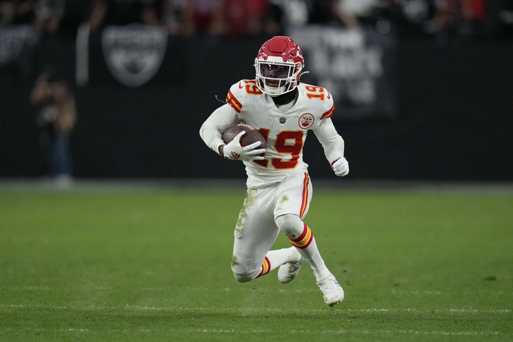 Kansas City Chiefs wide receiver Kadarius Toney (19) runs against the Las Vegas Raiders during the first half of an NFL football game, Wednesday, Jan. 11, 2023, in Las Vegas. (AP Photo/John Locher)