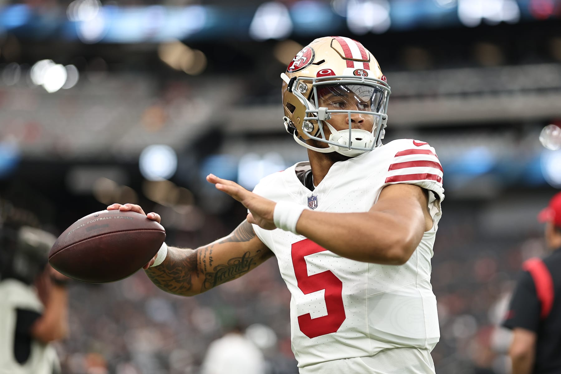 LAS VEGAS, NEVADA - AUGUST 13: Trey Lance #5 of the San Francisco 49ers warms up prior to a preseason game between the San Francisco 49ers and the Las Vegas Raiders at Allegiant Stadium on August 13, 2023 in Las Vegas, Nevada. (Photo by Michael Owens/Getty Images)