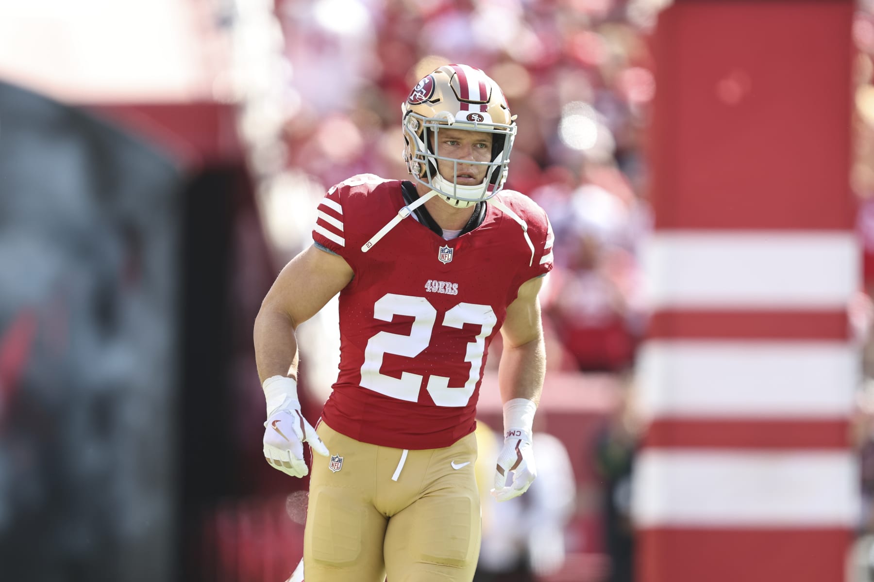 SANTA CLARA, CALIFORNIA - OCTOBER 01: Christian McCaffrey #23 of the San Francisco 49ers takes the field prior to an NFL football game between the San Francisco 49ers and the Arizona Cardinals at Levi's Stadium on October 01, 2023 in Santa Clara, California. (Photo by Michael Owens/Getty Images)