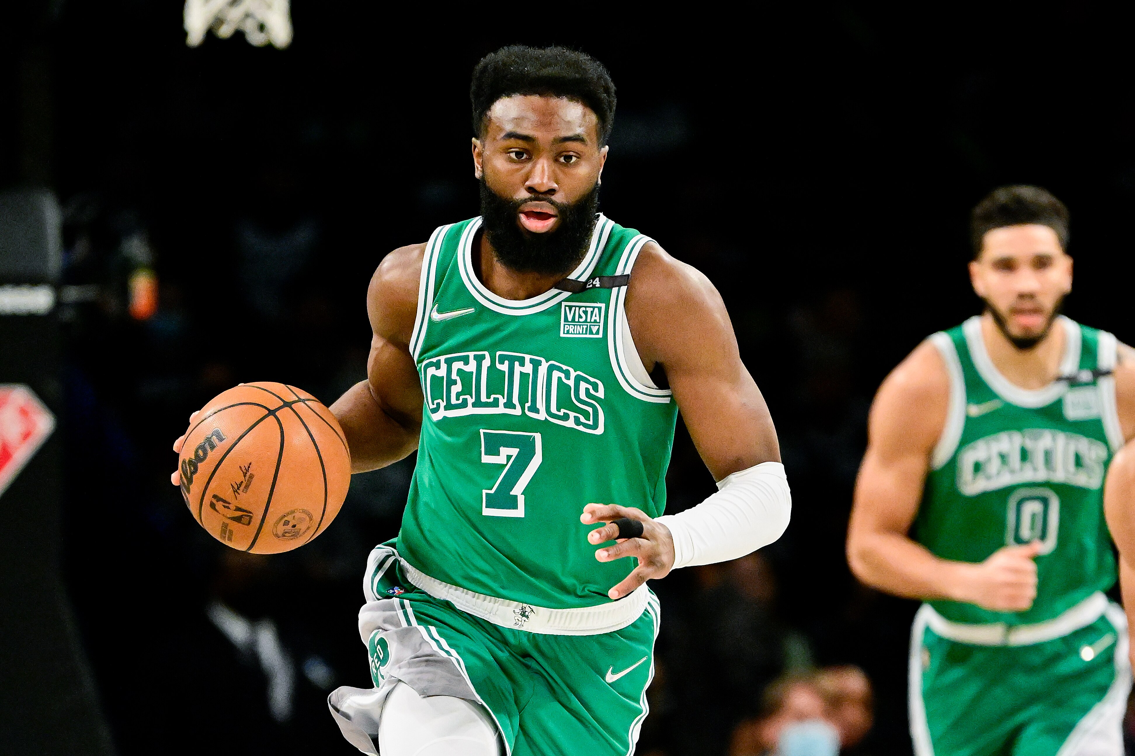 NEW YORK, NEW YORK - FEBRUARY 08:  Jaylen Brown #7 of the Boston Celtics handles the ball against the Brooklyn Nets at Barclays Center on February 08, 2022 in New York City. NOTE TO USER: User expressly acknowledges and agrees that, by downloading and or using this photograph, User is consenting to the terms and conditions of the Getty Images License Agreement. (Photo by Steven Ryan/Getty Images)