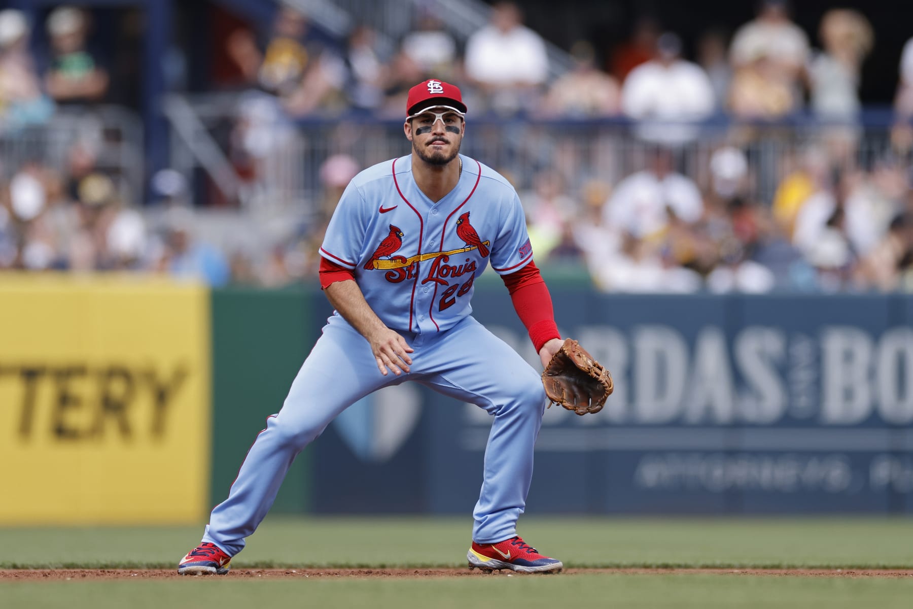 PITTSBURGH, PA - JUNE 03: St. Louis Cardinals third baseman Nolan Arenado (28) fields his position during an MLB game against the Pittsburgh Pirates on June 03, 2023 at PNC Park in Pittsburgh, Pennsylvania. (Photo by Joe Robbins/Icon Sportswire via Getty Images)