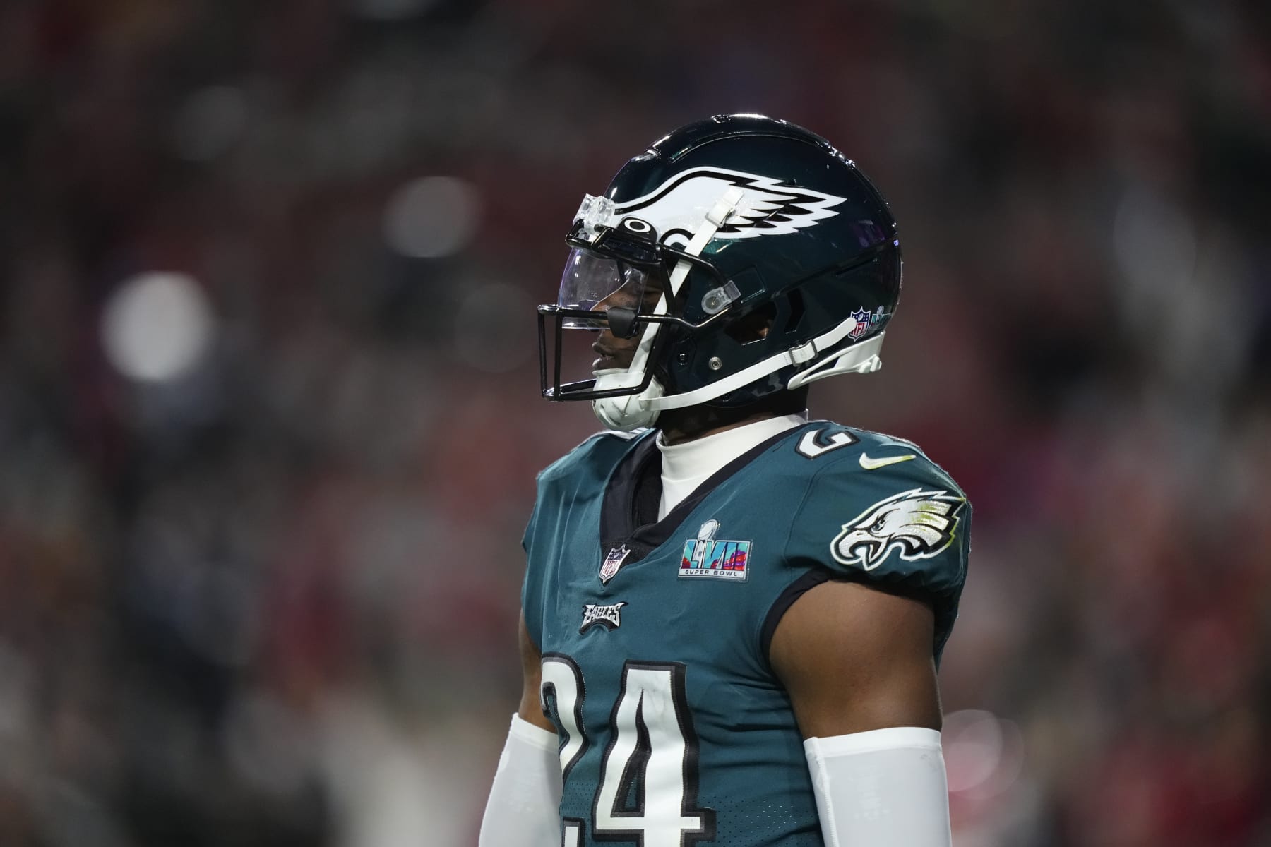 Philadelphia Eagles' James Bradberry walks the field during the NFL Super Bowl 57 football game against the Kansas City Chiefs, Sunday, Feb. 12, 2023, in Glendale, Ariz. (AP Photo/Matt Slocum)