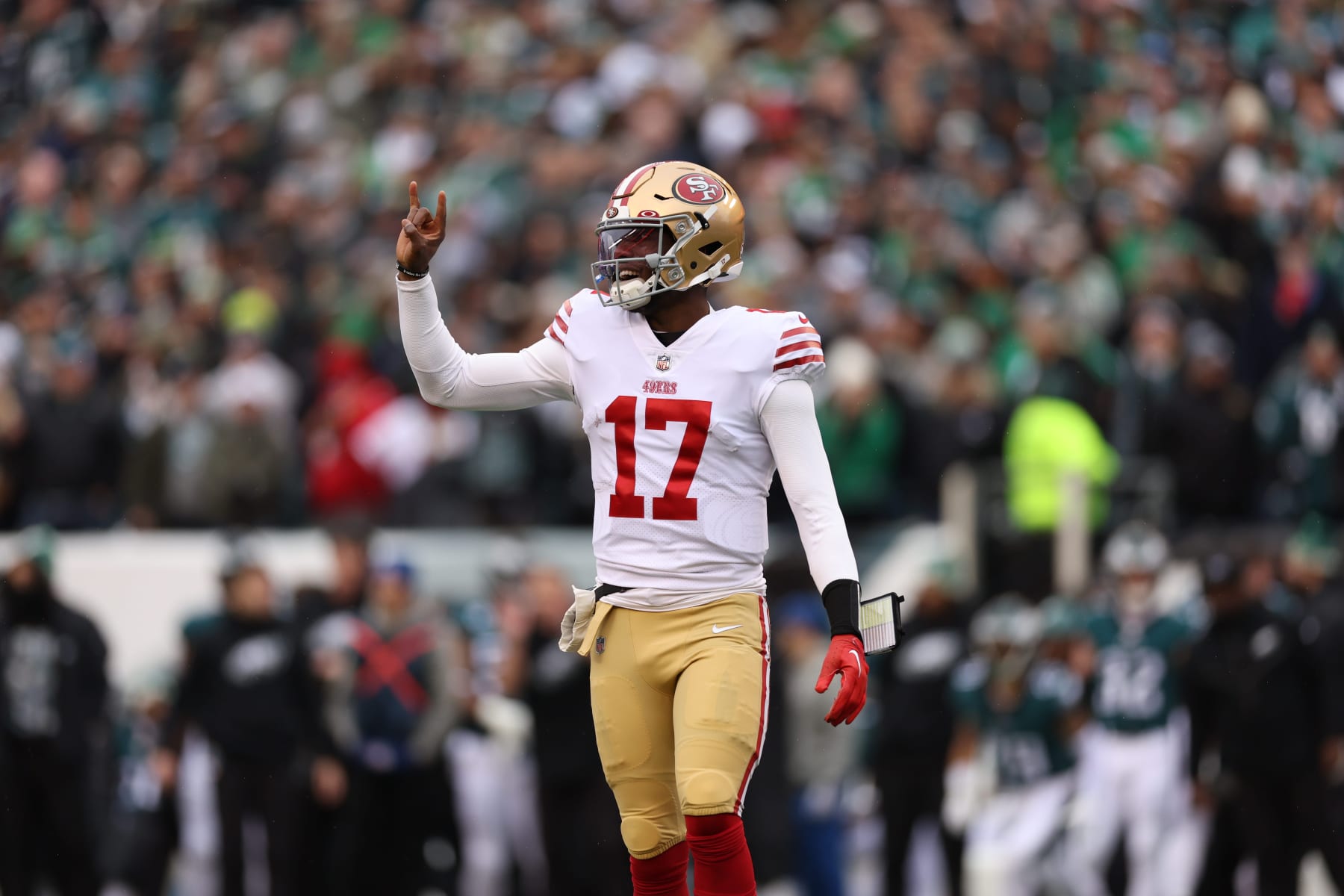 Football: NFC Championship: San Francisco 49ers Josh Johnson (17) in action, calls a play vs Philadelphia Eagles at Lincoln Financial Stadium. 
Philadelphia, PA 1/29/2023 
CREDIT: Simon Bruty (Photo by Simon Bruty/Sports Illustrated via Getty Images) 
(Set Number: X164295 TK1)