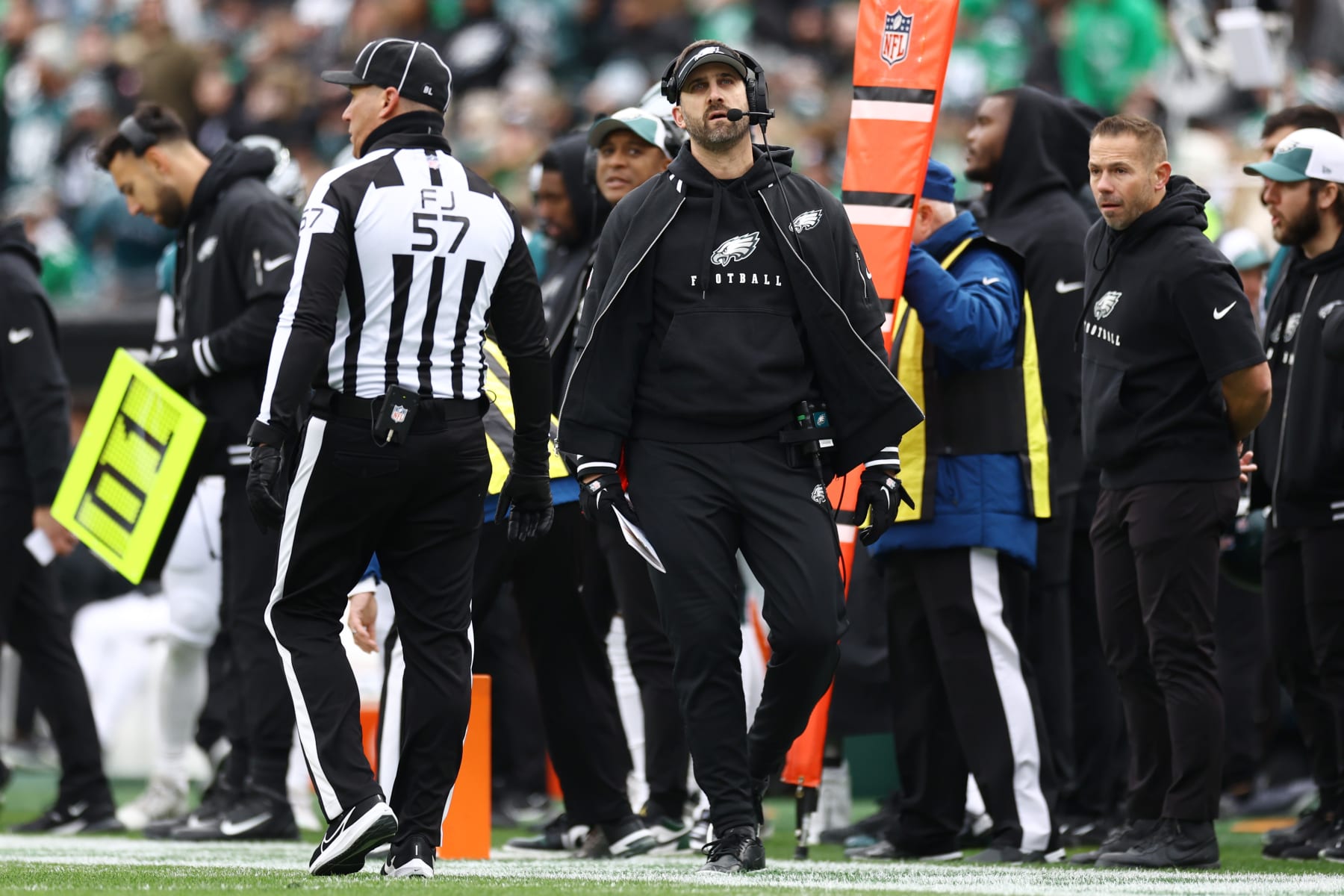 PHILADELPHIA, PENNSYLVANIA - DECEMBER 31: Philadelphia Eagles head coach Nick Sirianni looks on during the second quarter against the Arizona Cardinals at Lincoln Financial Field on December 31, 2023 in Philadelphia, Pennsylvania. (Photo by Tim Nwachukwu/Getty Images)
