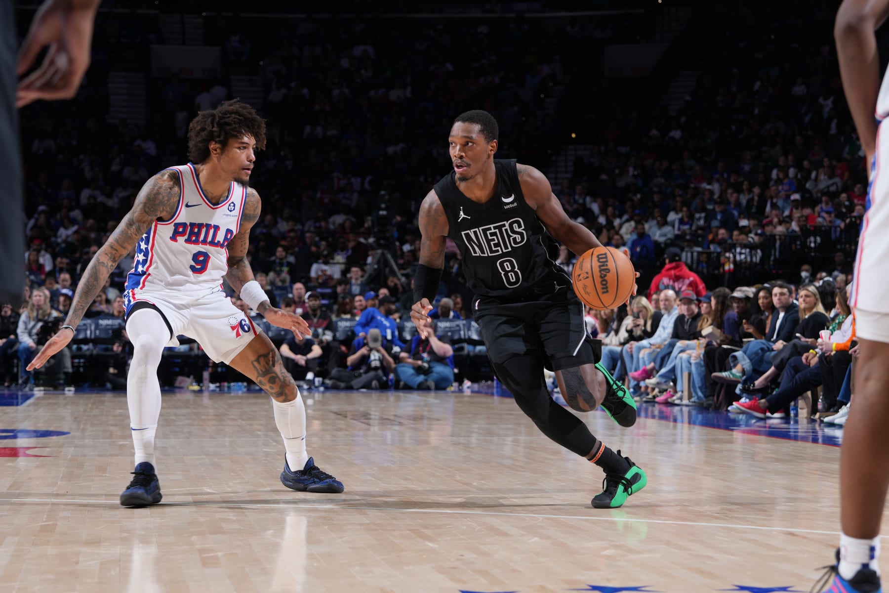 PHILADELPHIA, PA - APRIL 14: Lonnie Walker IV #8 of the Brooklyn Nets dribbles the ball during the game against the Philadelphia 76ers on April 14, 2024 at the Wells Fargo Center in Philadelphia, Pennsylvania NOTE TO USER: User expressly acknowledges and agrees that, by downloading and/or using this Photograph, user is consenting to the terms and conditions of the Getty Images License Agreement. Mandatory Copyright Notice: Copyright 2024 NBAE (Photo by Jesse D. Garrabrant/NBAE via Getty Images)