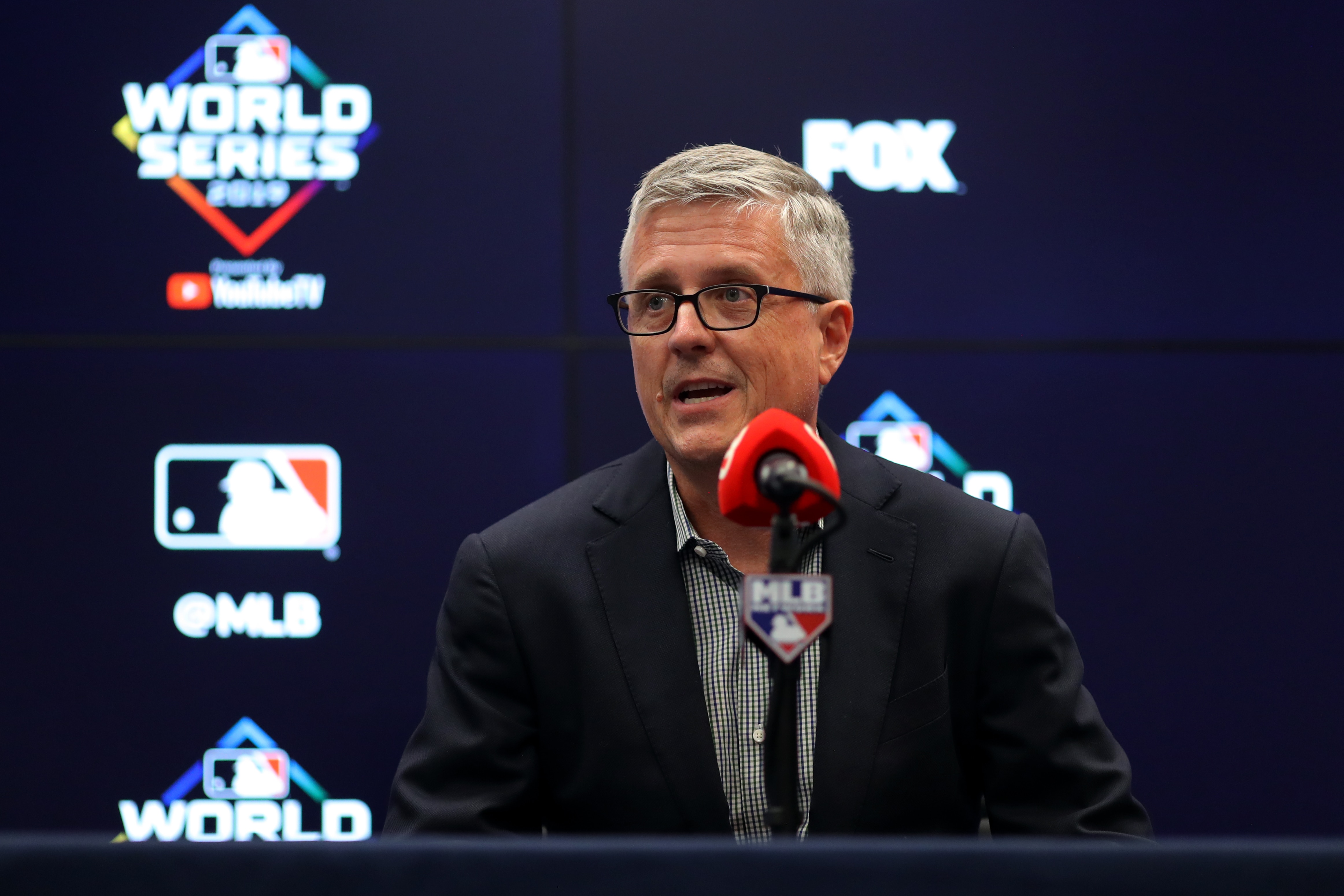 WASHINGTON, DC - OCTOBER 24:  President of Baseball Operations and General Manager Jeff Luhnow of the Houston Astros talks to the media during the press conference during the World Series Workout Day at Nationals Park on Thursday, October 24, 2019 in Washington, District of Columbia. (Photo by Alex Trautwig/MLB Photos via Getty Images)
