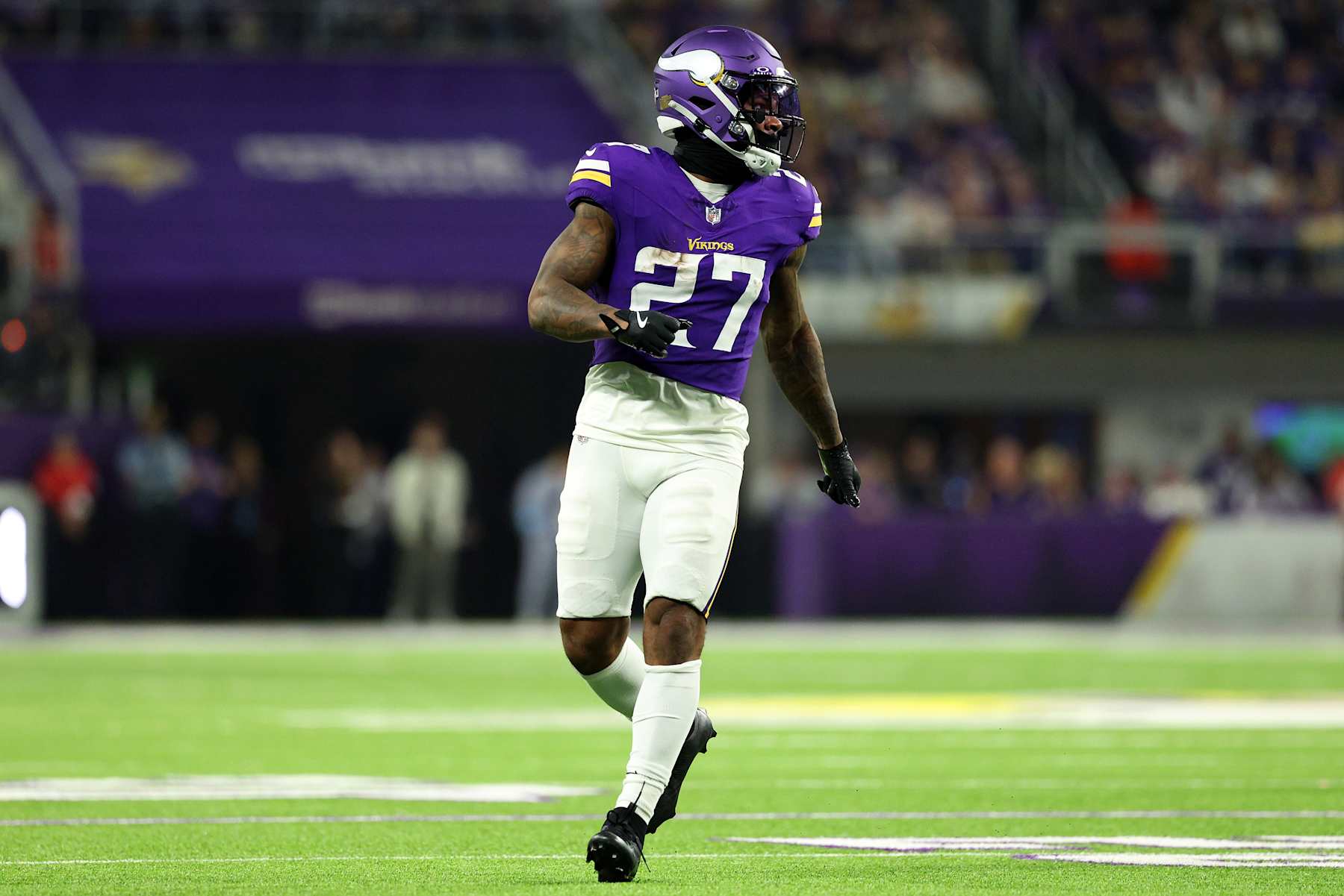 MINNEAPOLIS, MINNESOTA - NOVEMBER 03: Cam Akers #27 of the Minnesota Vikings looks on against the Indianapolis Colts in the third quarter at U.S. Bank Stadium on November 03, 2024 in Minneapolis, Minnesota. The Vikings defeated the Colts 21-13. (Photo by David Berding/Getty Images)