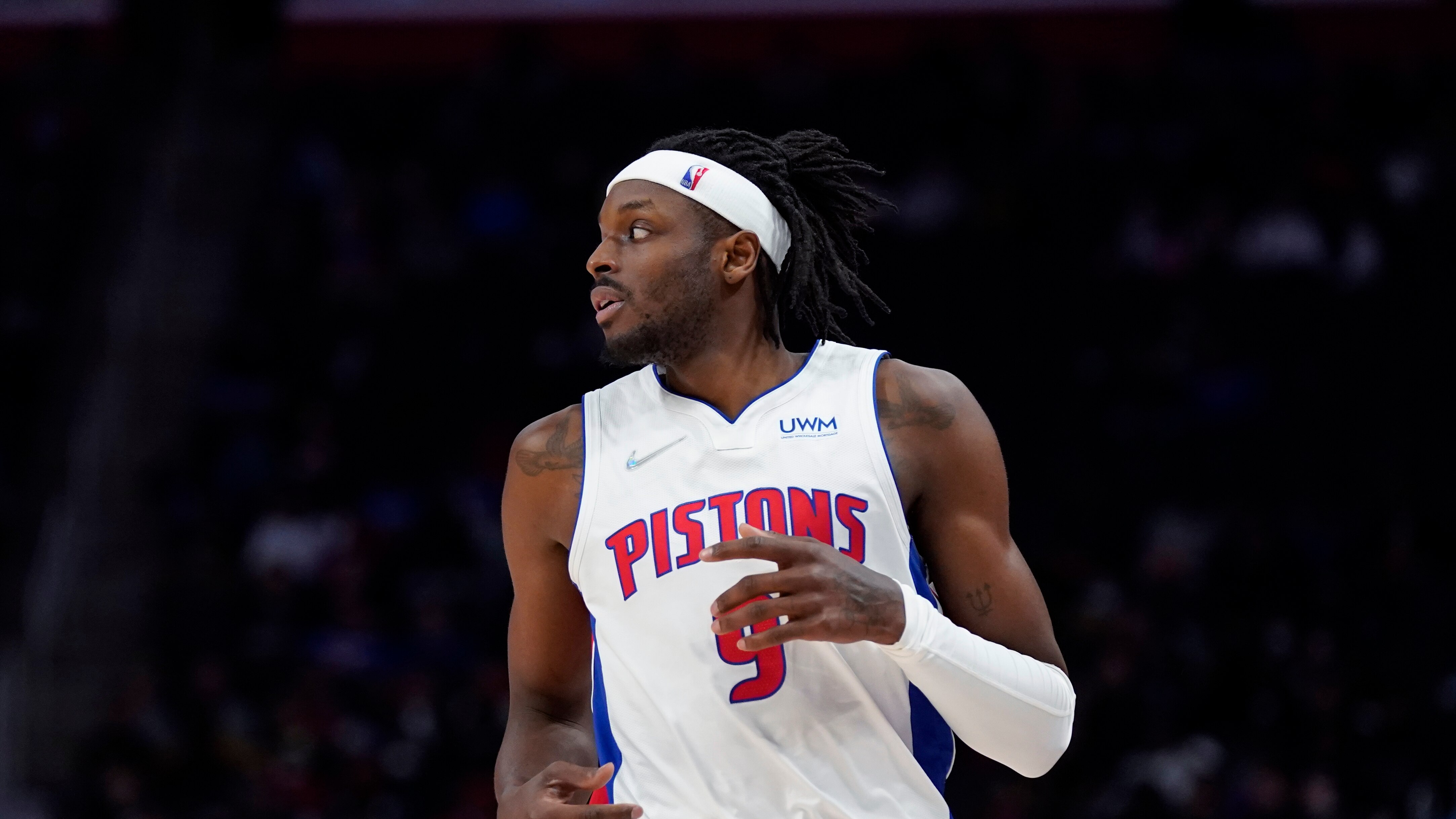 Detroit Pistons forward Jerami Grant plays during the first half of an NBA basketball game, Wednesday, March 23, 2022, in Detroit. (AP Photo/Carlos Osorio)