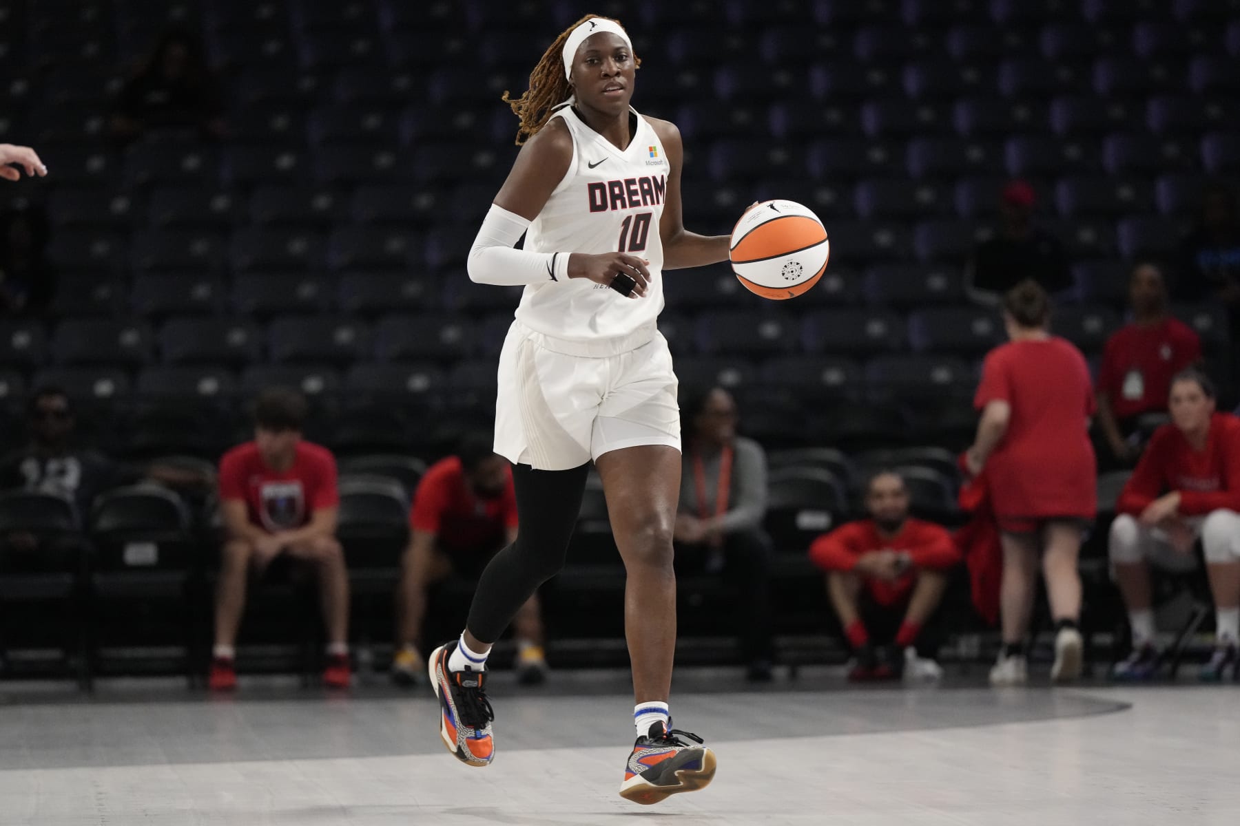 COLLEGE PARK, GA - MAY 4: Rhyne Howard #10 of the Atlanta Dream dribbles the ball during the game against the Washington Mystics during a WNBA Preseason game on May 4, 2024 at Gateway Center Arena in College Park, GA.  NOTE TO USER: User expressly acknowledges and agrees that, by downloading and/or using this Photograph, user is consenting to the terms and conditions of the Getty Images License Agreement. Mandatory Copyright Notice: Copyright 2024 NBAE (Photo by Dale Zanine/NBAE via Getty Images)