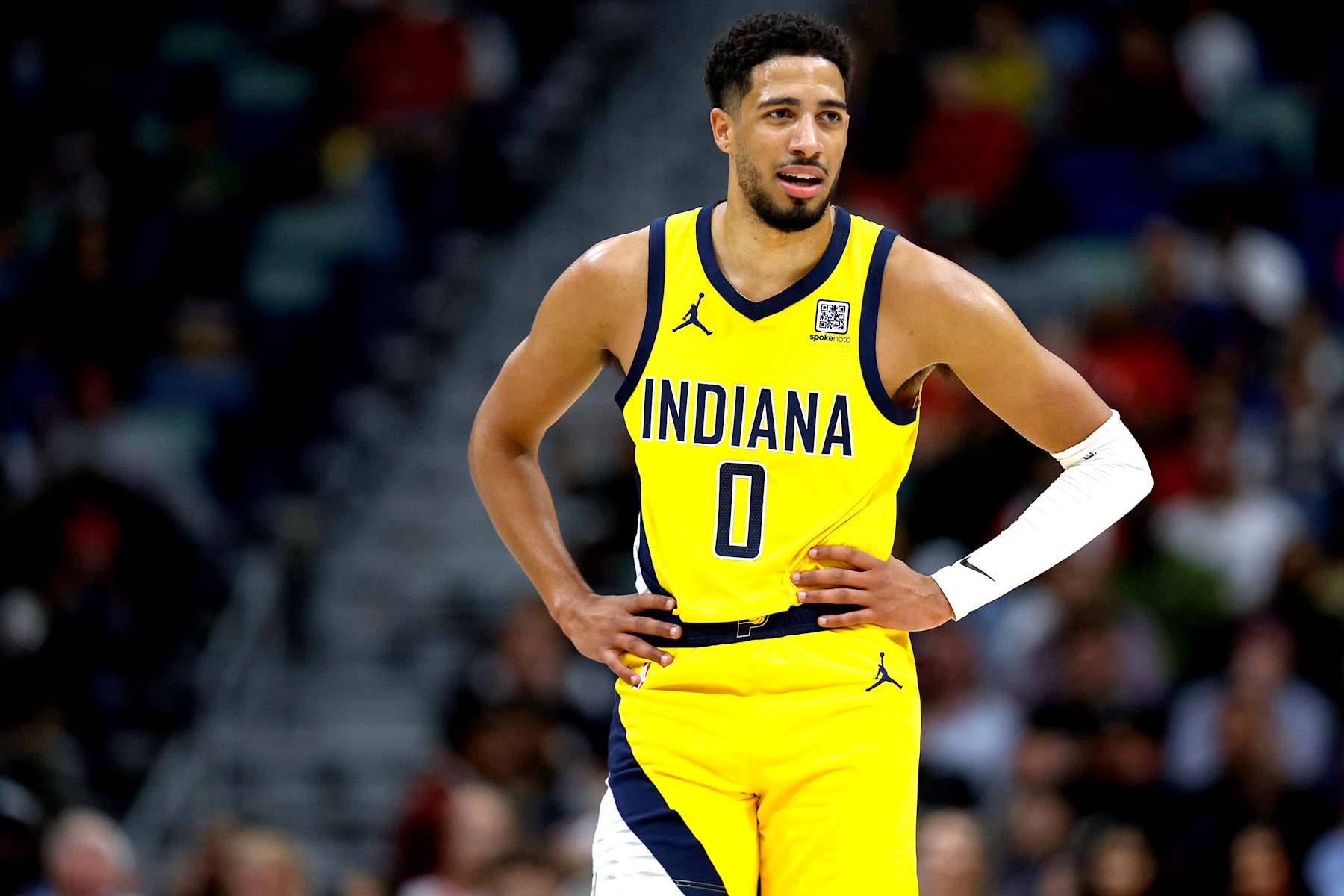 NEW ORLEANS, LOUISIANA - NOVEMBER 01: Tyrese Haliburton #0 of the Indiana Pacers stands on the court during an NBA game against the New Orleans Pelicans at Smoothie King Center on November 01, 2024 in New Orleans, Louisiana. NOTE TO USER: User expressly acknowledges and agrees that, by downloading and or using this photograph, User is consenting to the terms and conditions of the Getty Images License Agreement. (Photo by Sean Gardner/Getty Images)