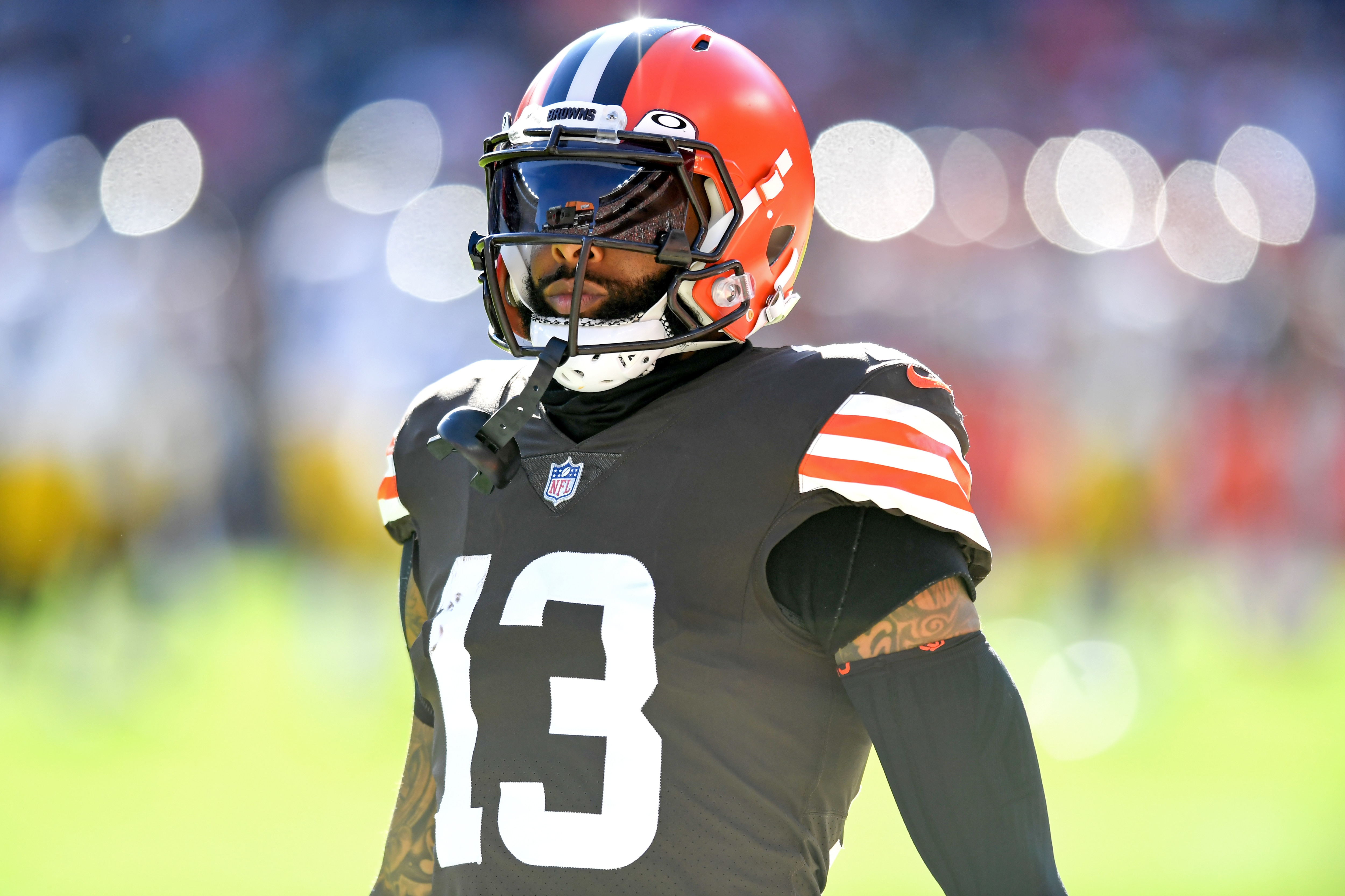 CLEVELAND, OH - OCTOBER 31: Odell Beckham Jr. #13 of the Cleveland Browns looks on during the second half against the Pittsburgh Steelers at FirstEnergy Stadium on October 31, 2021 in Cleveland, Ohio. (Photo by Nick Cammett/Diamond Images via Getty Images)