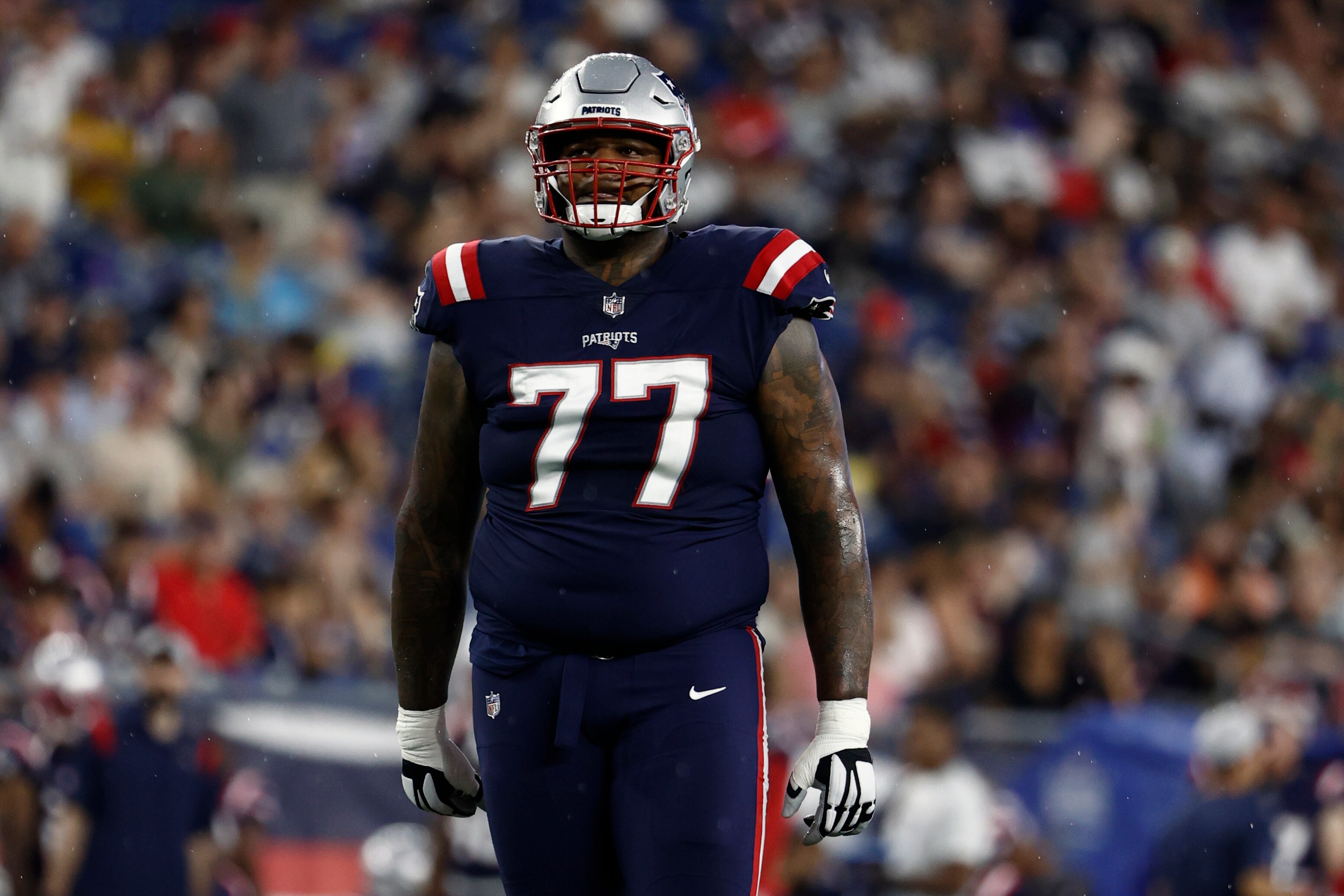 New England Patriots' Trent Brown during an NFL preseason football game against the Washington Football Team at Gillette Stadium, Thursday, Aug. 12, 2021 in Foxborough, Mass. (Winslow Townson/AP Images for Panini)