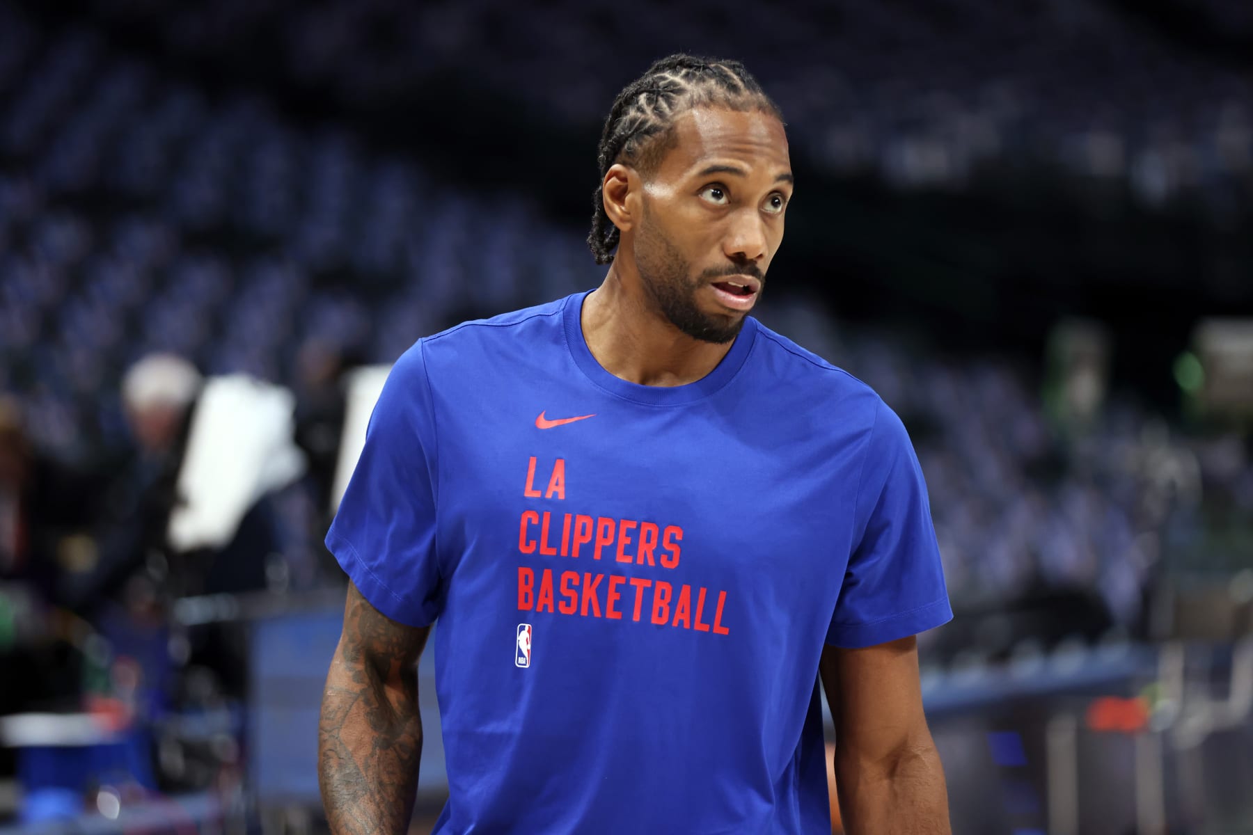 DALLAS, TEXAS - DECEMBER 20: Kawhi Leonard #2 of the LA Clippers walks on the court before the game against the Dallas Mavericks at American Airlines Center on December 20, 2023 in Dallas, Texas. NOTE TO USER: User expressly acknowledges and agrees that, by downloading and or using this photograph, User is consenting to the terms and conditions of the Getty Images License Agreement. (Photo by Tim Heitman/Getty Images)