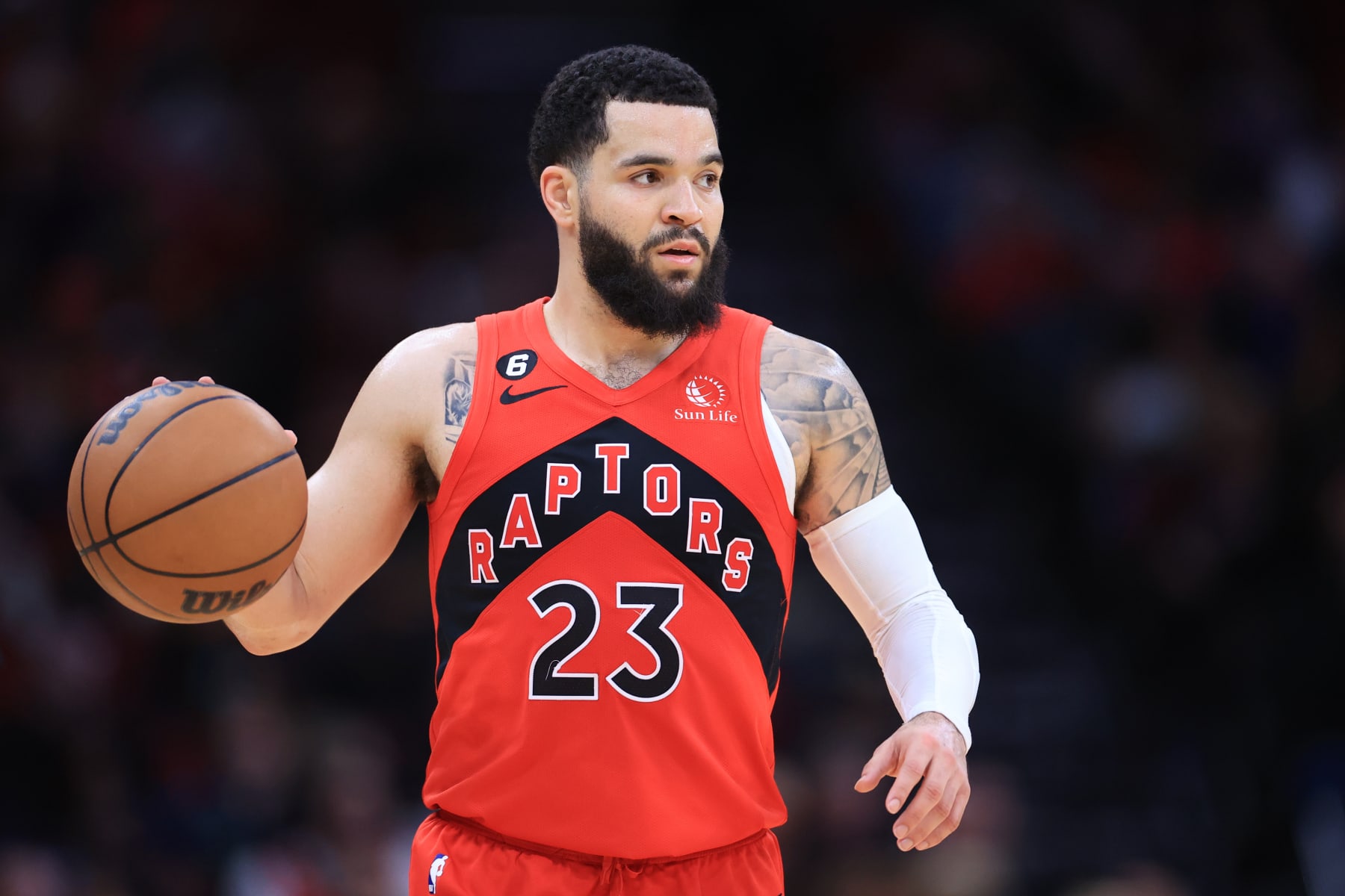 HOUSTON, TEXAS - FEBRUARY 03: Fred VanVleet #23 of the Toronto Raptors in action against the Houston Rockets at Toyota Center on February 03, 2023 in Houston, Texas. NOTE TO USER: User expressly acknowledges and agrees that, by downloading and or using this photograph, User is consenting to the terms and conditions of the Getty Images License Agreement. (Photo by Carmen Mandato/Getty Images)