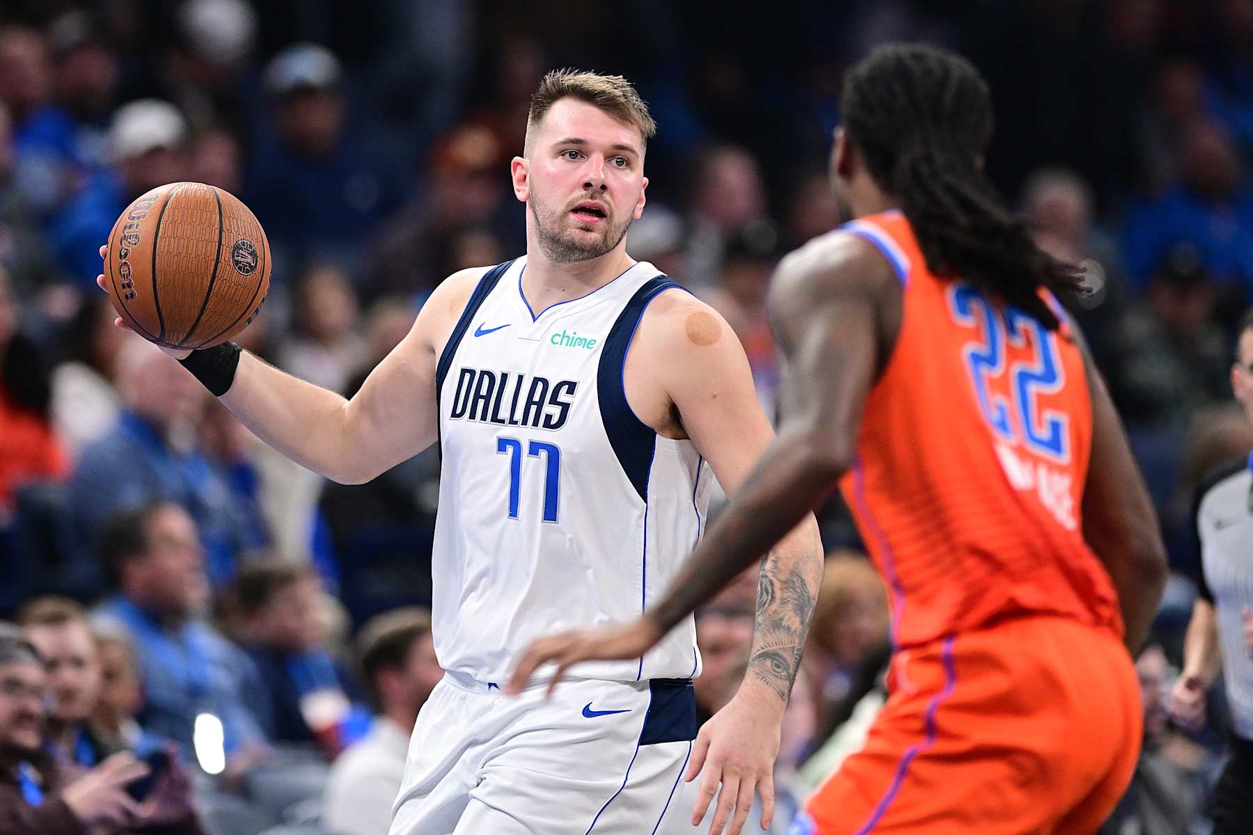 OKLAHOMA CITY, OKLAHOMA - DECEMBER 10: Luka Doncic #77 of the Dallas Mavericks handles the ball in front of Cason Wallace #22 of the Oklahoma City Thunder during the second half at Paycom Center on December 10, 2024 in Oklahoma City, Oklahoma. NOTE TO USER: User expressly acknowledges and agrees that, by downloading and or using this photograph, User is consenting to the terms and conditions of the Getty Images License Agreement. (Photo by Joshua Gateley/Getty Images)