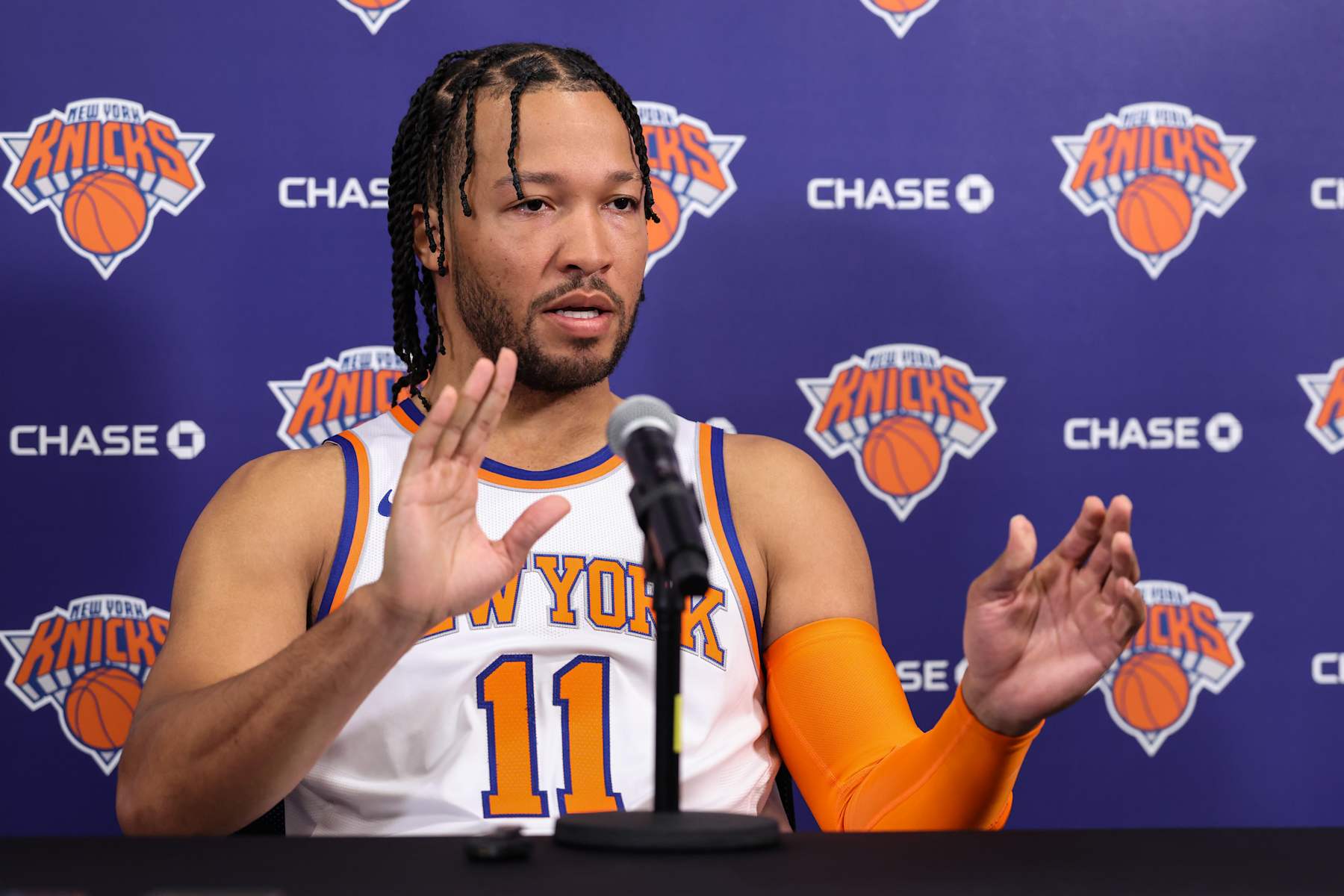 TARRYTOWN, NEW YORK - SEPTEMBER 30: Jalen Brunson #11 of the New York Knicks speaks at a press conference during media day at Knicks Training Facility on September 30, 2024 in Tarrytown, New York. NOTE TO USER: User expressly acknowledges and agrees that, by downloading and/or using this Photograph, user is consenting to the terms and conditions of the Getty Images License Agreement. (Photo by Dustin Satloff/Getty Images)