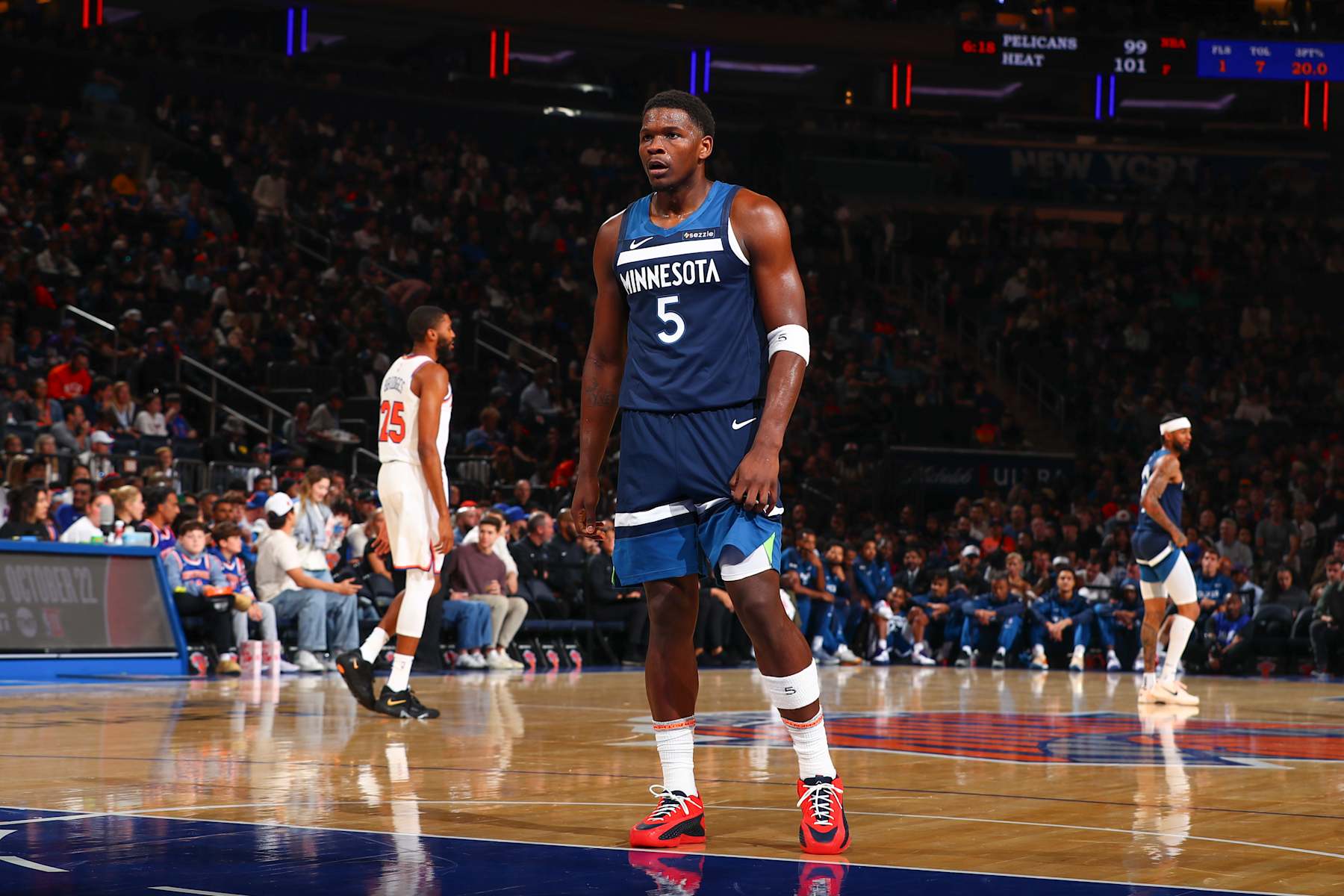 NEW YORK, NY - OCTOBER 13: Anthony Edwards #5 of the Minnesota Timberwolves prepares to shoot a free throw during the game on October 13, 2024 at Madison Square Garden in New York City, New York.  NOTE TO USER: User expressly acknowledges and agrees that, by downloading and or using this photograph, User is consenting to the terms and conditions of the Getty Images License Agreement. Mandatory Copyright Notice: Copyright 2024 NBAE  (Photo by David L. Nemec/NBAE via Getty Images)
