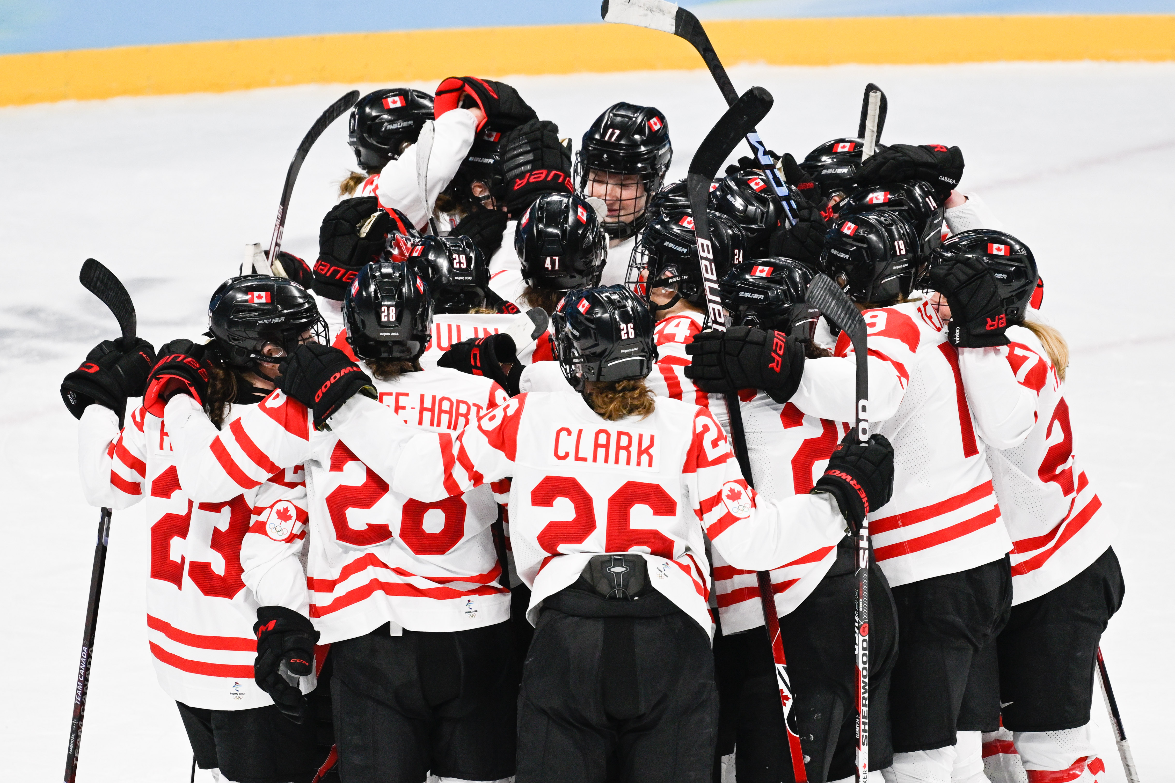 BEIJING, CHINA - FEBRUARY 08: The team of Canada celebrate after winning in the match between USA and Canada during the Beijing 2022 Winter Olympics at National Indoor Stadium on February 8, 2022 in Beijing, China. (Photo by Mario Hommes/DeFodi Images via Getty Images)