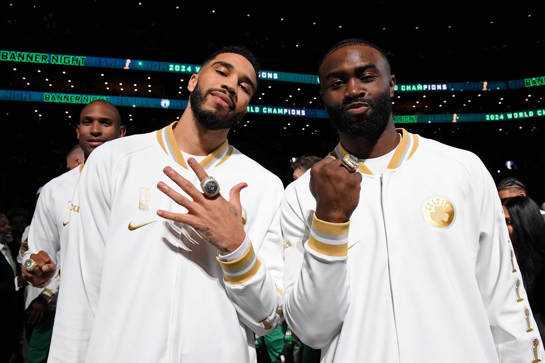 BOSTON, MA - OCTOBER 22: Jayson Tatum #0 and Jaylen Brown #7 of the Boston Celtics poses for a photo with his 2024 Championship ring before the game against the New York Knicks on October 22, 2024 at TD Garden in Boston, Massachusetts. NOTE TO USER: User expressly acknowledges and agrees that, by downloading and/or using this Photograph, user is consenting to the terms and conditions of the Getty Images License Agreement. Mandatory Copyright Notice: Copyright 2024 NBAE (Photo by Brian Babineau/NBAE via Getty Images)