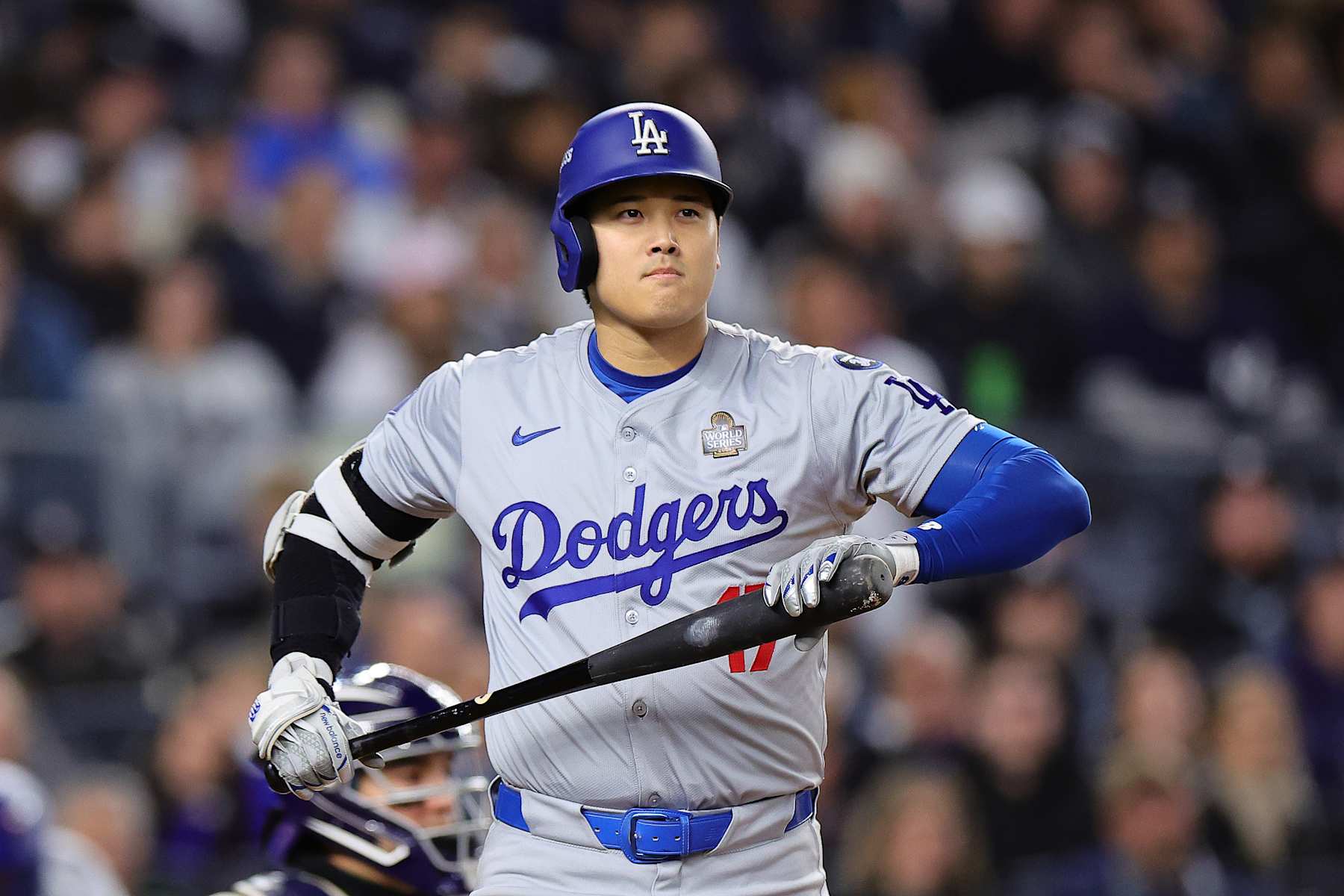 NEW YORK, NEW YORK - OCTOBER 28: Shohei Ohtani #17 of the Los Angeles Dodgers reacts after being walked in the first inning against the New York Yankees during Game Three of the 2024 World Series at Yankee Stadium on October 28, 2024 in the Bronx borough of New York City. (Photo by Alex Slitz/Getty Images)