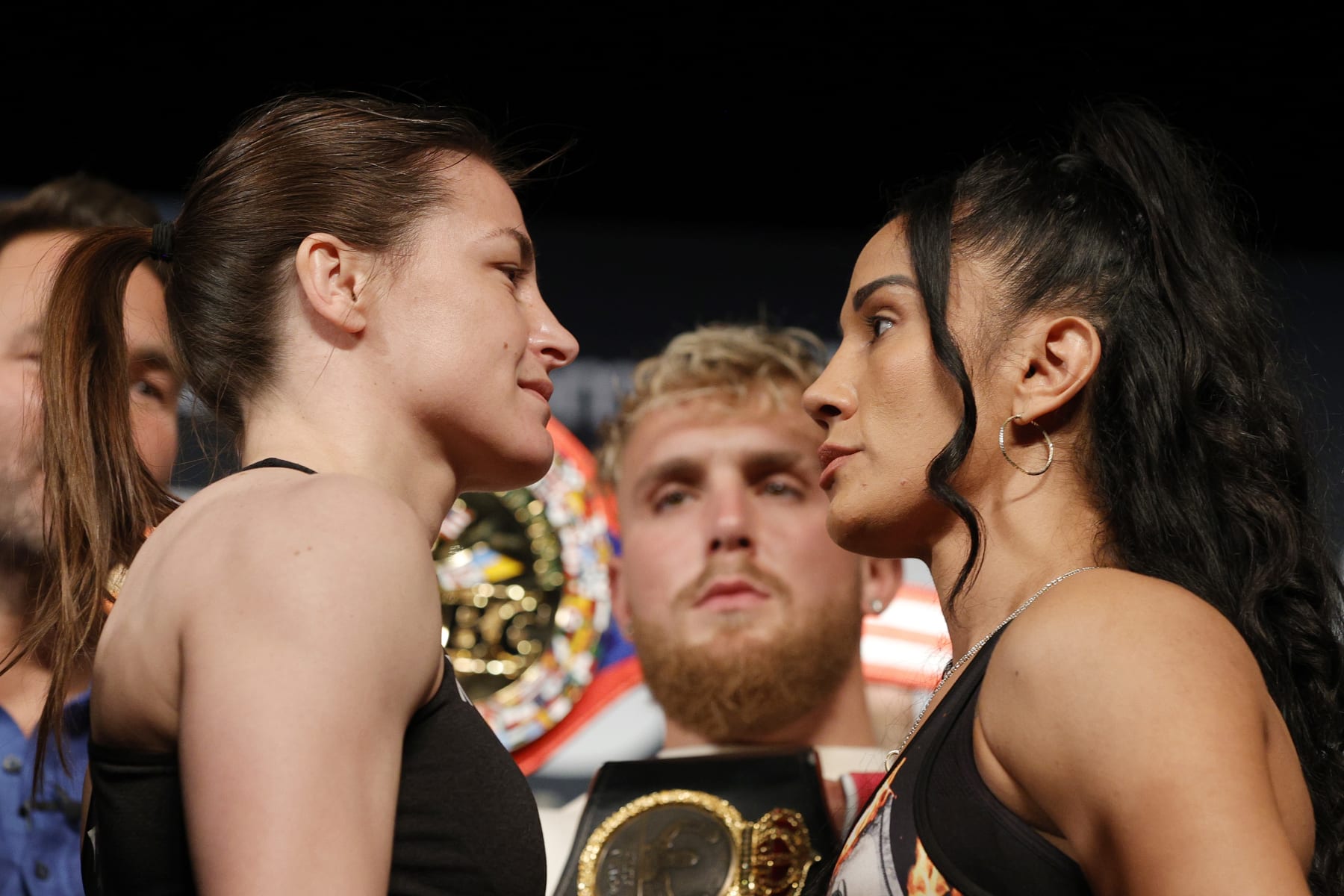 NEW YORK, NEW YORK - APRIL 29: Katie Taylor of Ireland (L) and Amanda Serrano of Puerto Rico (R) face off during the Weigh-In leading up to their World Lightweight Title fight at The Hulu Theater at Madison Square Garden on April 29, 2022 in New York, New York. The bout will be the first women's combat sports fight to headline Madison Square Garden. (Photo by Sarah Stier/Getty Images)