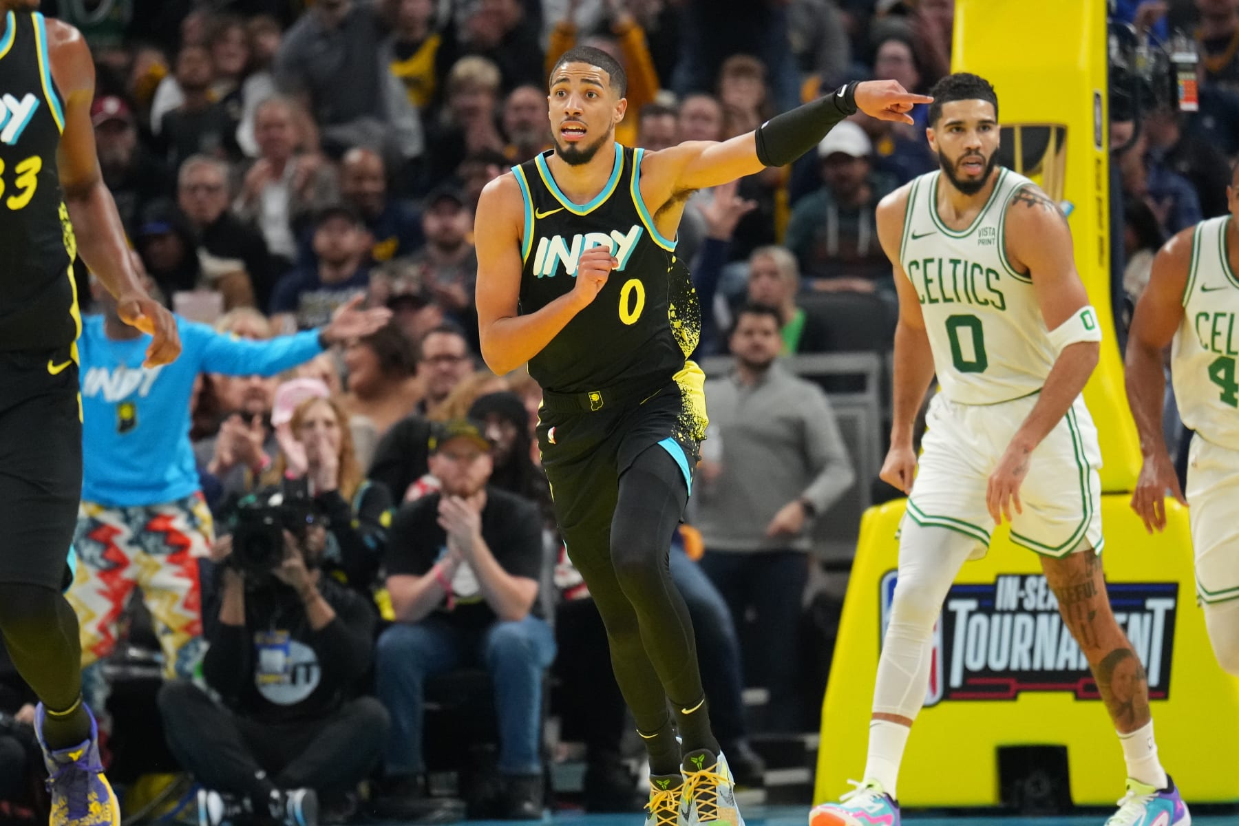 INDIANAPOLIS, IN - DECEMBER 4: Tyrese Haliburton #0 of the Indiana Pacers signals during the game against the Boston Celtics during the quarterfinals of the In-Season Tournament on December 4, 2023 at Gainbridge Fieldhouse in Indianapolis, Indiana. NOTE TO USER: User expressly acknowledges and agrees that, by downloading and or using this Photograph, user is consenting to the terms and conditions of the Getty Images License Agreement. Mandatory Copyright Notice: Copyright 2023 NBAE (Photo by Jesse D. Garrabrant/NBAE via Getty Images)
