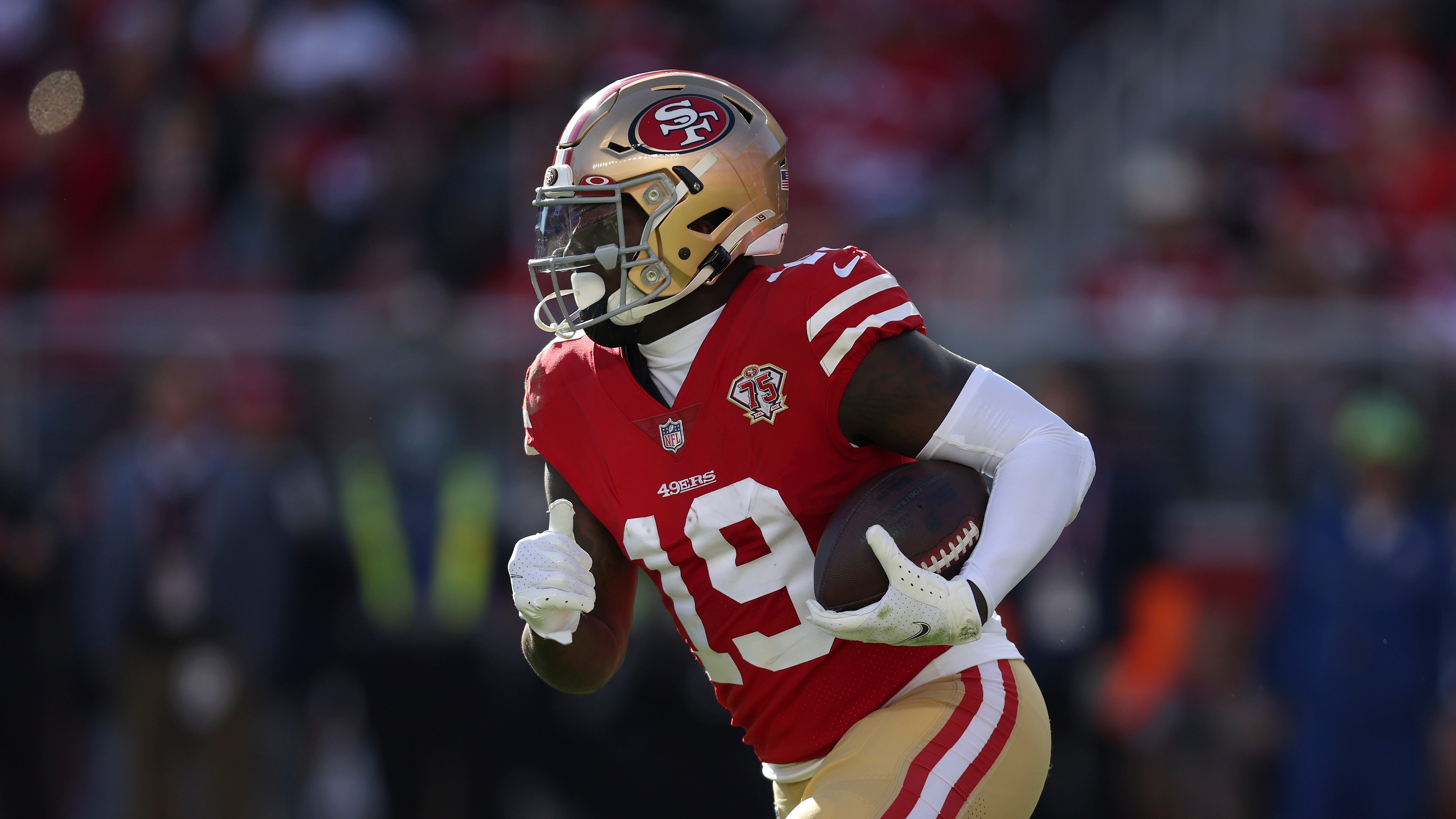 San Francisco 49ers wide receiver Deebo Samuel (19) during an NFL football game against the Houston Texans in Santa Clara, Calif., Sunday, Jan. 2, 2022. (AP Photo/Jed Jacobsohn)
