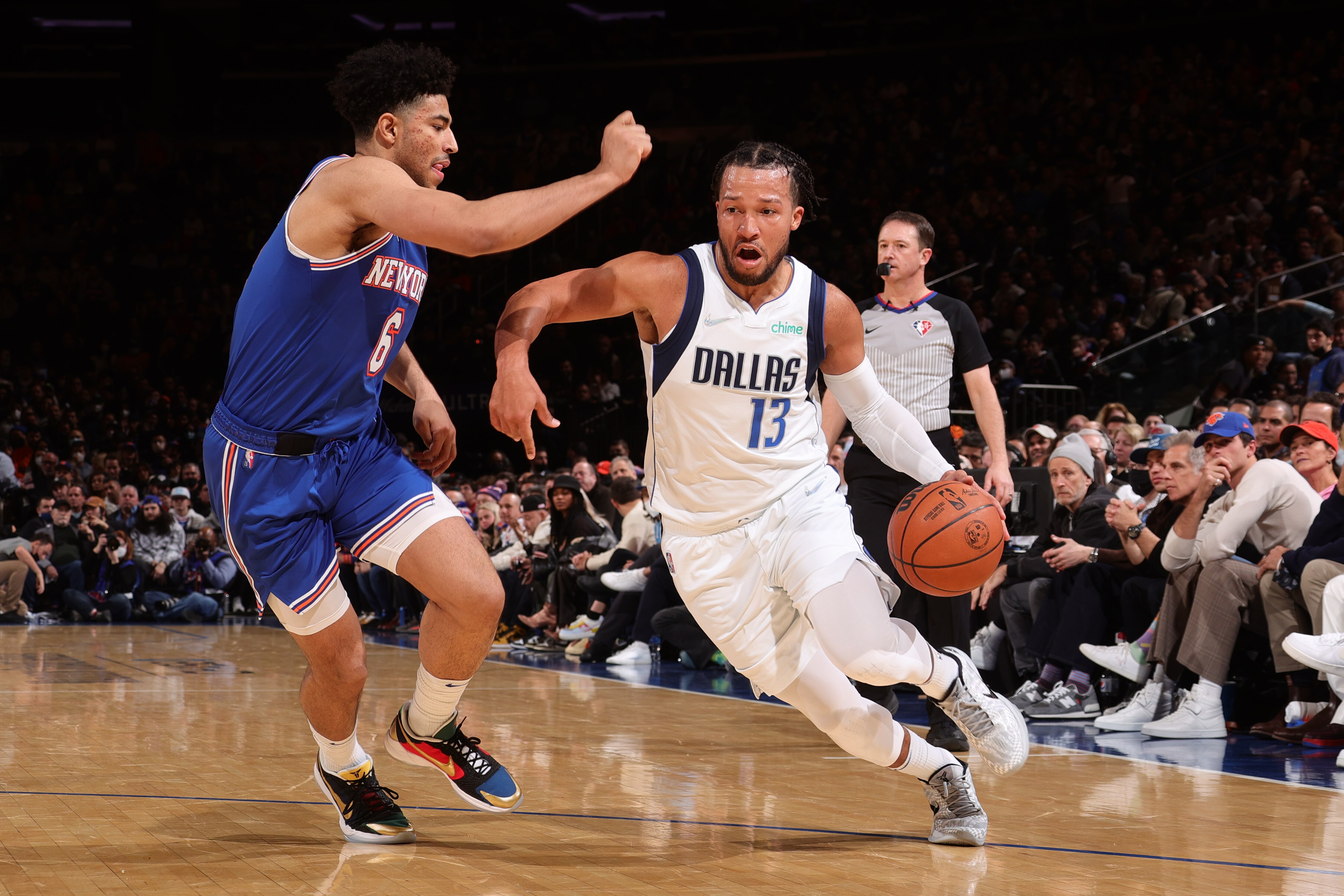 NEW YORK, NY - JANUARY 12: Jalen Brunson #13 of the Dallas Mavericks dribbles the ball during the game against the New York Knicks on January 12, 2022 at Madison Square Garden in New York City, New York.  NOTE TO USER: User expressly acknowledges and agrees that, by downloading and or using this photograph, User is consenting to the terms and conditions of the Getty Images License Agreement. Mandatory Copyright Notice: Copyright 2022 NBAE  (Photo by Nathaniel S. Butler/NBAE via Getty Images)