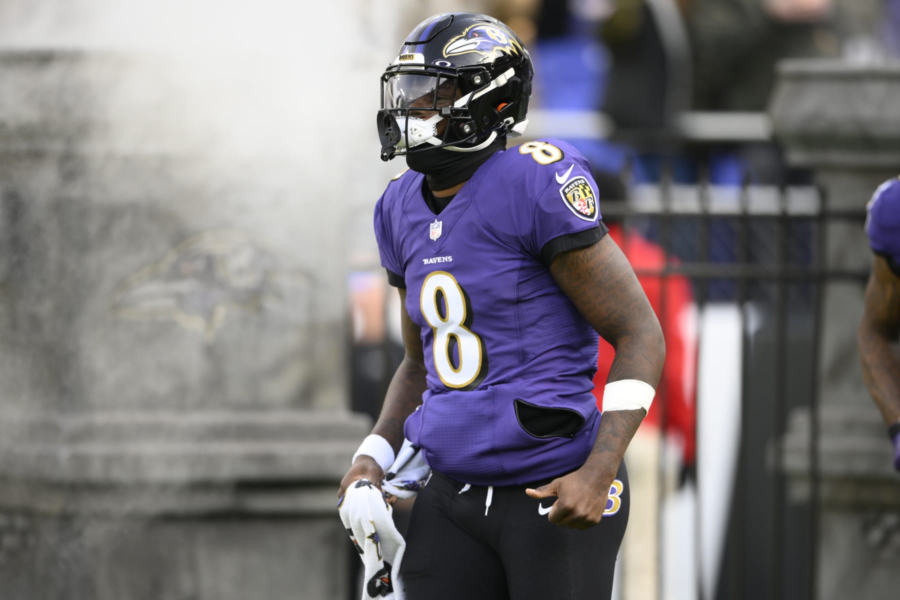 Baltimore Ravens quarterback Lamar Jackson (8) takes to the field before an NFL football game against the Denver Broncos, Sunday, Dec. 4, 2022, in Baltimore. (AP Photo/Nick Wass)