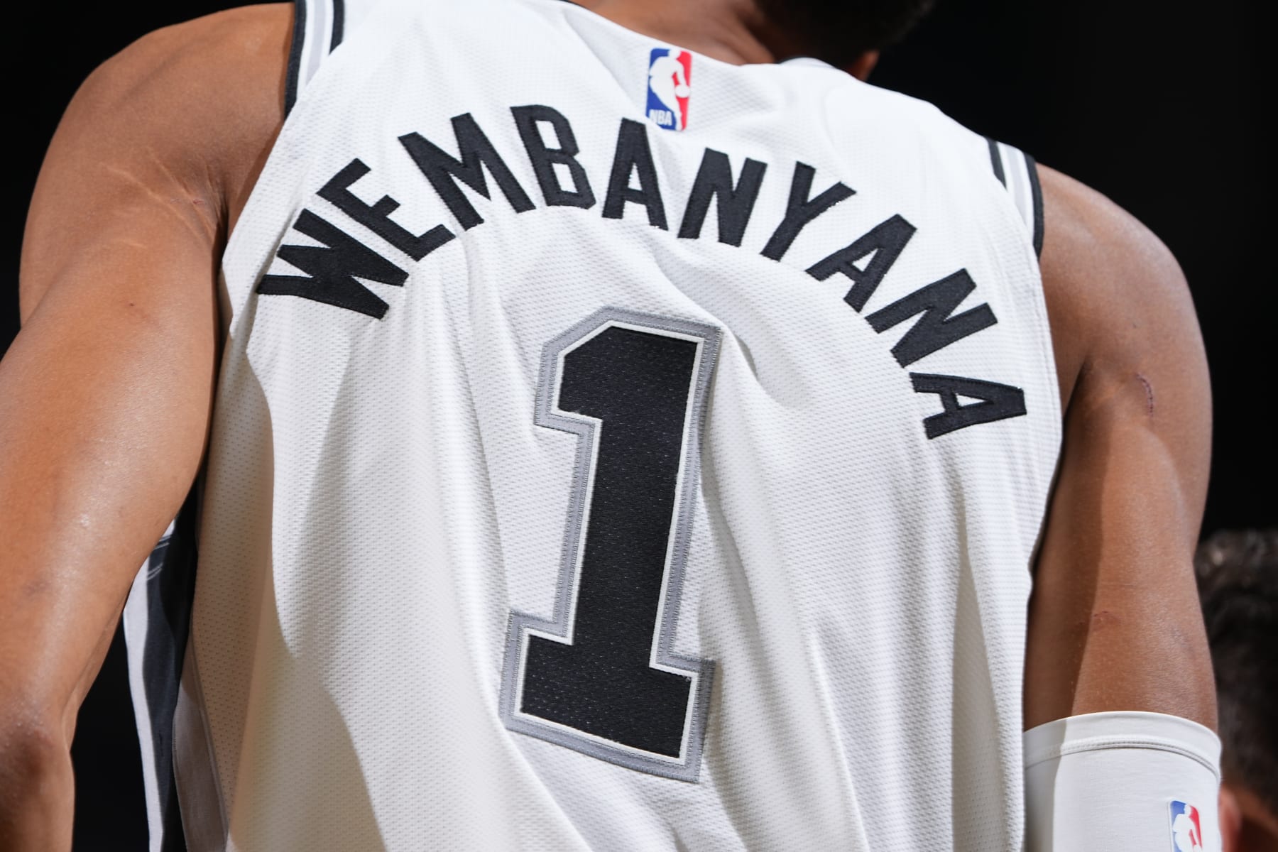 SAN FRANCISCO, CA - NOVEMBER 24: Close up of Victor Wembanyama #1 of the San Antonio Spurs jersey during the game against the Golden State Warriors on November 24, 2023 at Chase Center in San Francisco, California. NOTE TO USER: User expressly acknowledges and agrees that, by downloading and or using this photograph, user is consenting to the terms and conditions of Getty Images License Agreement. Mandatory Copyright Notice: Copyright 2023 NBAE (Photo by Garrett Ellwood/NBAE via Getty Images)