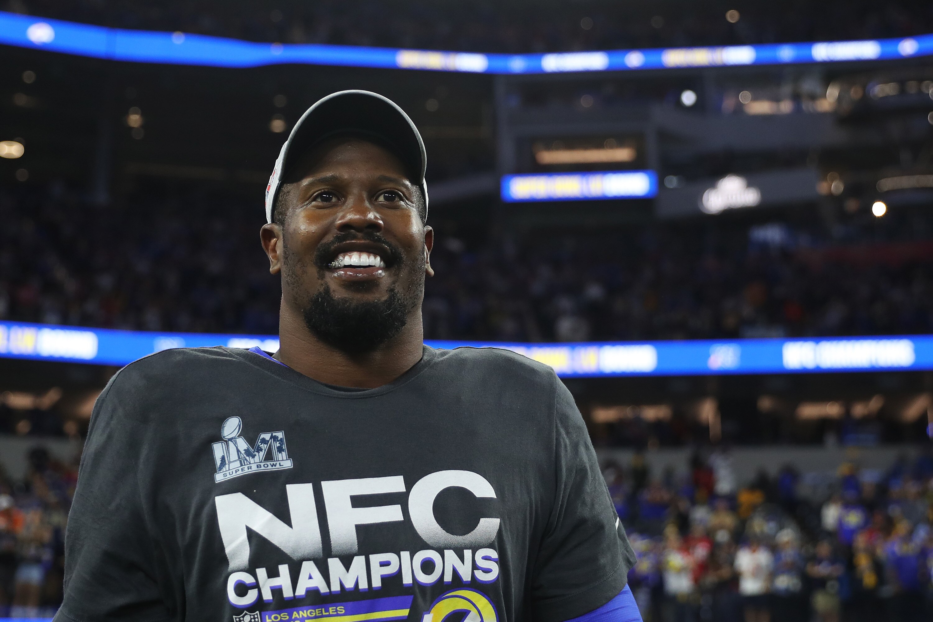 INGLEWOOD, CALIFORNIA - JANUARY 30: Von Miller #40 of the Los Angeles Rams reacts after defeating the San Francisco 49ers in the NFC Championship Game at SoFi Stadium on January 30, 2022 in Inglewood, California. The Rams defeated the 49ers 20-17.  (Photo by Meg Oliphant/Getty Images)