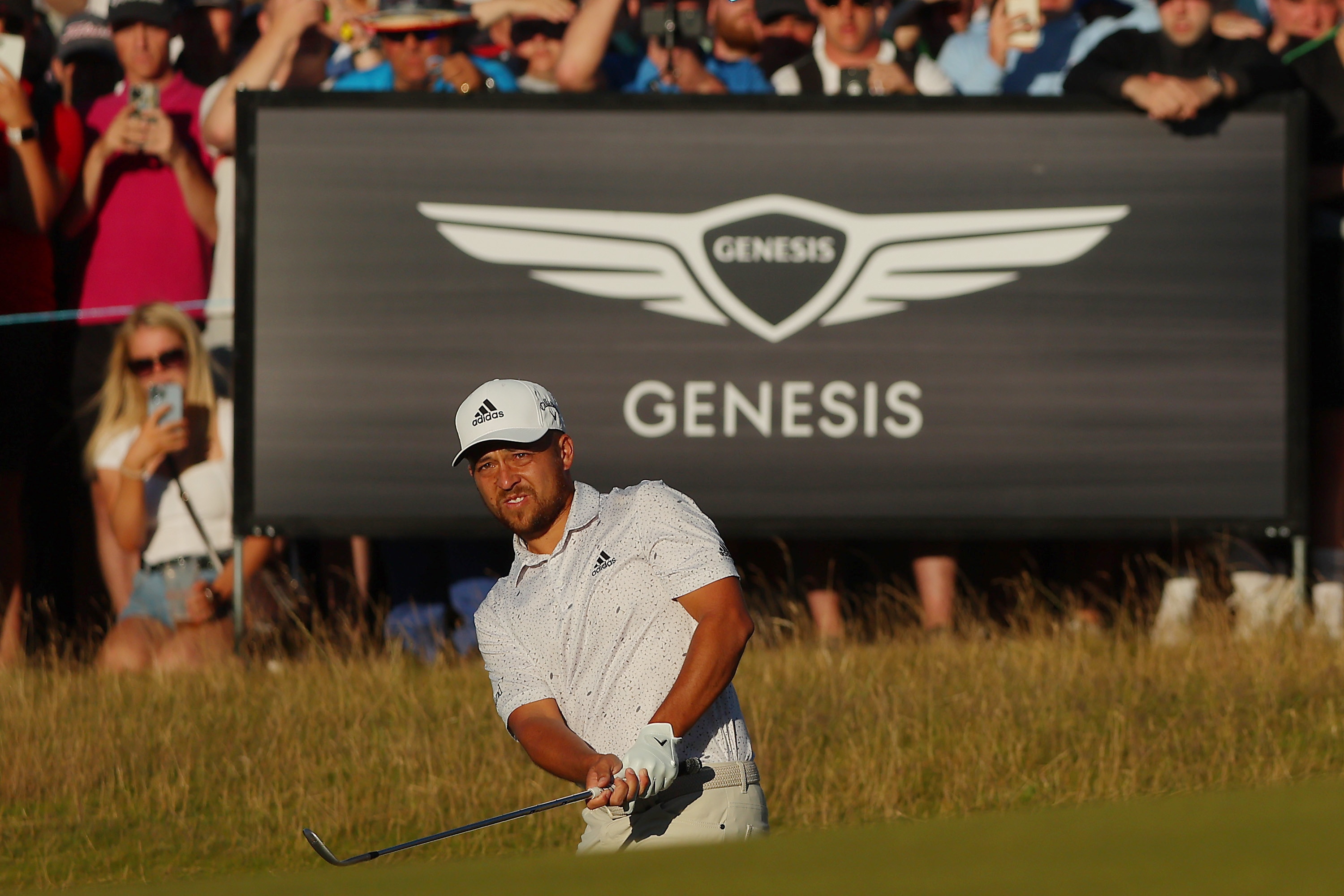 NORTH BERWICK, SCOTLAND - JULY 10:  Xander Schauffele of the United States plays a shot on the 18th hole during Day Four of the Genesis Scottish Open at The Renaissance Club on July 10, 2022 in North Berwick, Scotland. (Photo by Kevin C. Cox/Getty Images)