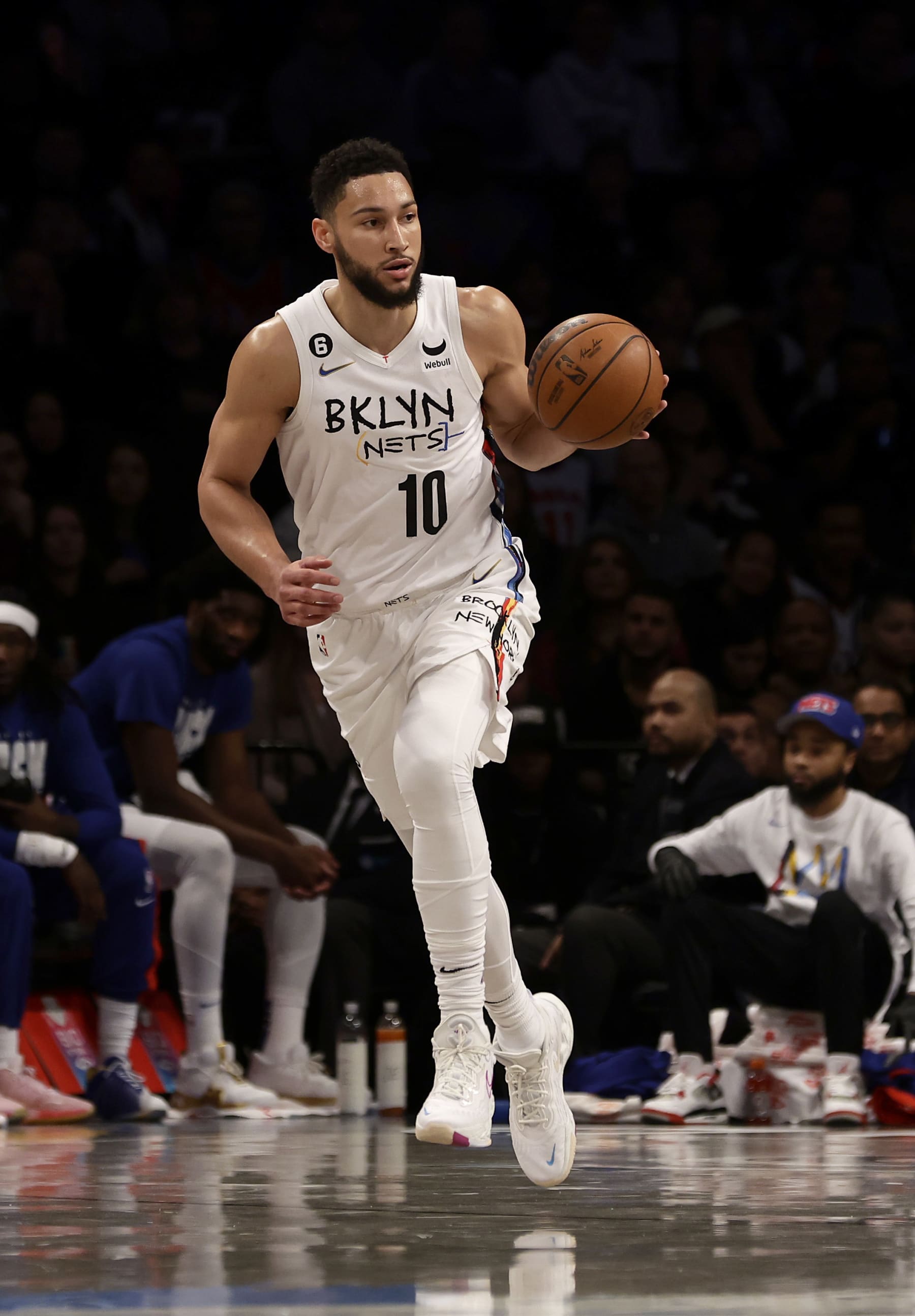 NEW YORK, NEW YORK - FEBRUARY 11: (NEW YORK DAILIES OUT)  Ben Simmons #10 of the Brooklyn Nets in action against the Philadelphia 76ers at Barclays Center on February 11, 2023 in New York City. The 76ers defeated the Nets 101-98. NOTE TO USER: User expressly acknowledges and agrees that, by downloading and or using this photograph, User is consenting to the terms and conditions of the Getty Images License Agreement. (Photo by Jim McIsaac/Getty Images)