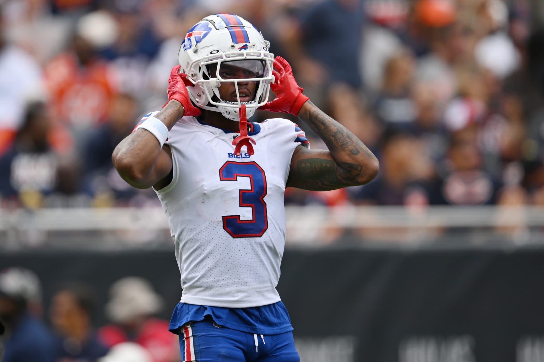 CHICAGO, ILLINOIS - AUGUST 26: Damar Hamlin #3 of the Buffalo Bills reacts in the first half of a preseason game against the Chicago Bearsat Soldier Field on August 26, 2023 in Chicago, Illinois. (Photo by Quinn Harris/Getty Images)