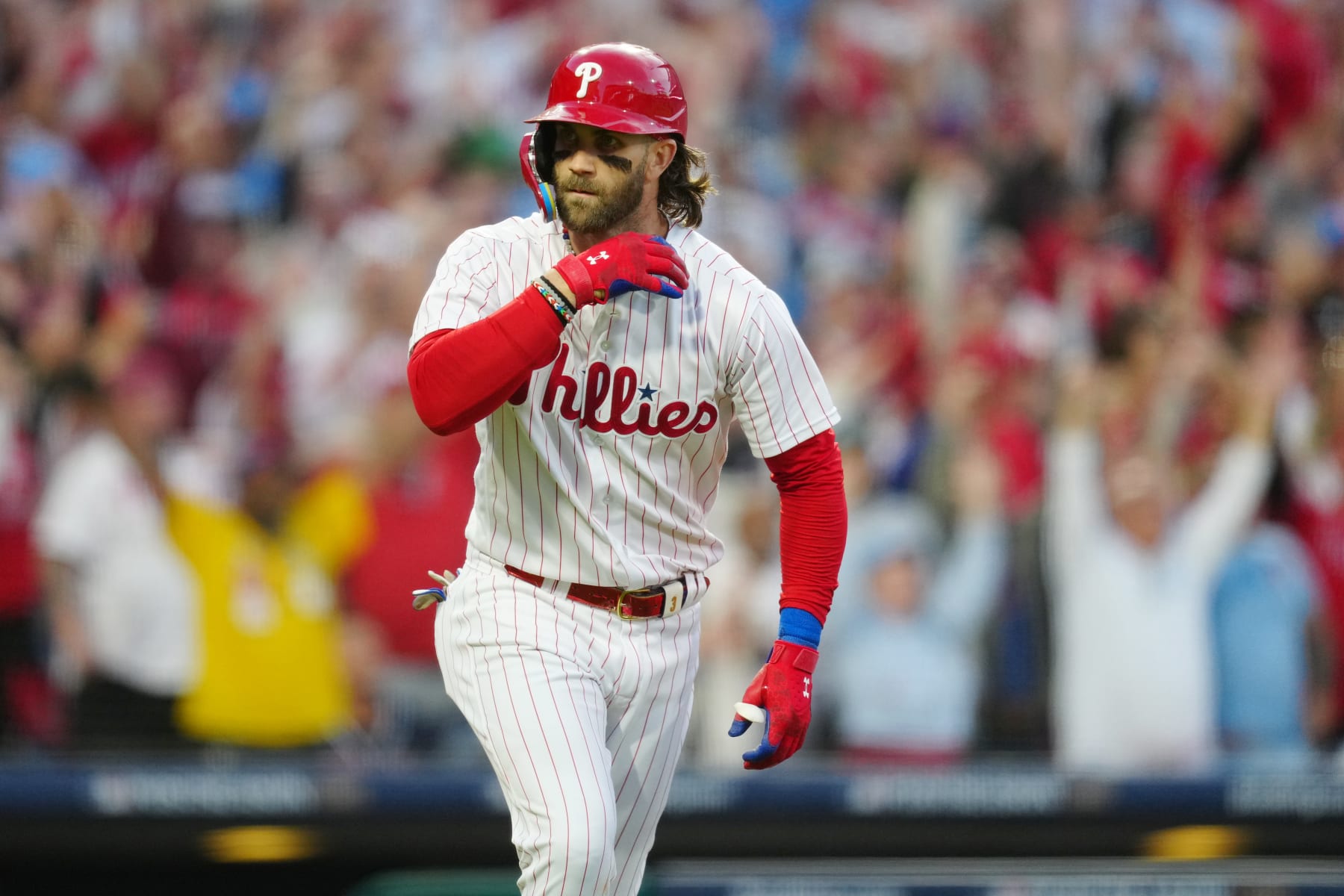 PHILADELPHIA, PA - OCTOBER 11:  Bryce Harper #3 of the Philadelphia Phillies hits a three-run home run in the third inning during Game 3 of the Division Series between the Atlanta Braves and the Philadelphia Phillies at Citizens Bank Park on Wednesday, October 11, 2023 in Philadelphia, Pennsylvania. (Photo by Mary DeCicco/MLB Photos via Getty Images)