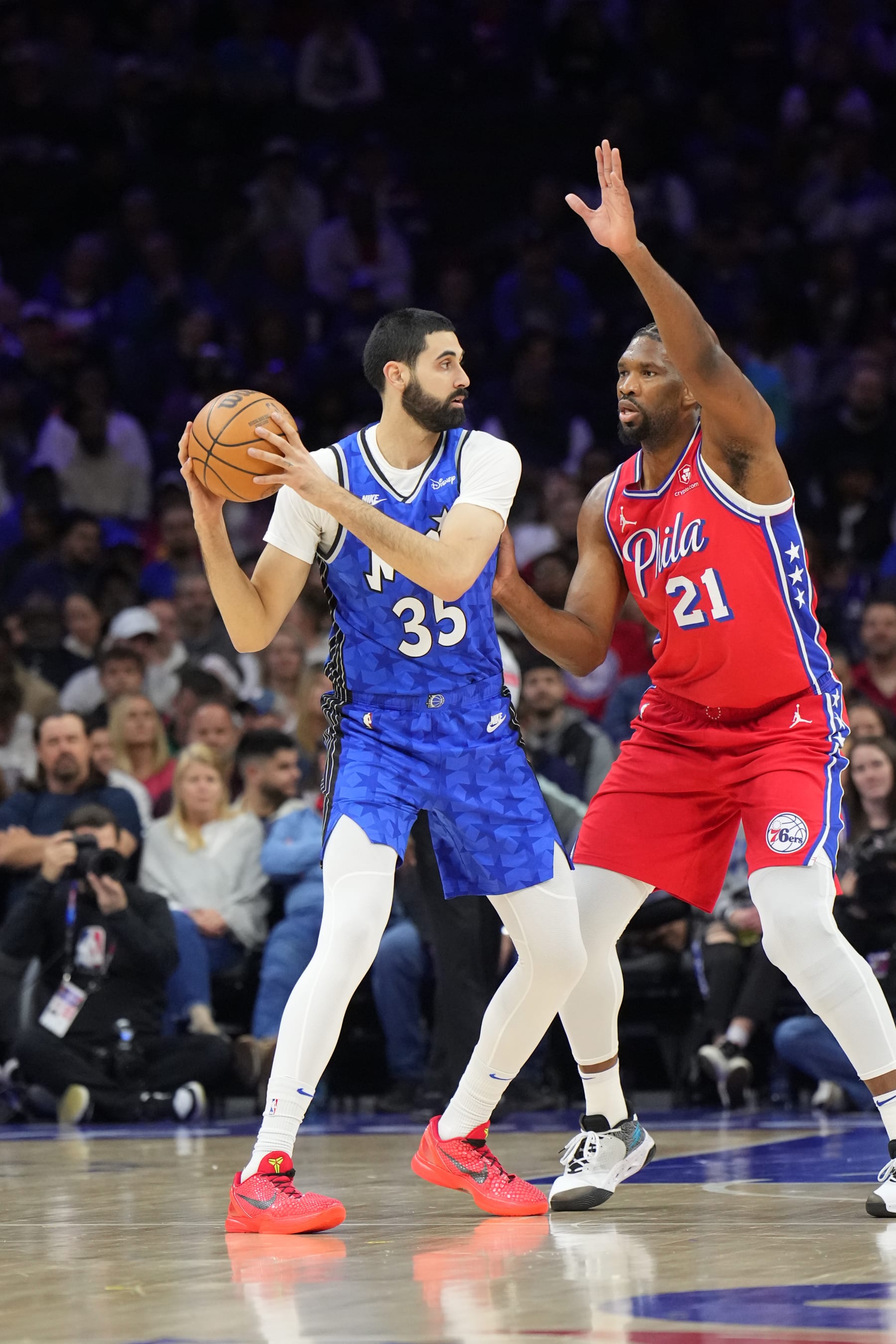 PHILADELPHIA, PA - APRIL 12: Goga Bitadze #35 of the Orlando Magic drives to the basket during the game against the Philadelphia 76ers on April 12, 2024 at the Wells Fargo Center in Philadelphia, Pennsylvania NOTE TO USER: User expressly acknowledges and agrees that, by downloading and/or using this Photograph, user is consenting to the terms and conditions of the Getty Images License Agreement. Mandatory Copyright Notice: Copyright 2024 NBAE (Photo by Jesse D. Garrabrant/NBAE via Getty Images)