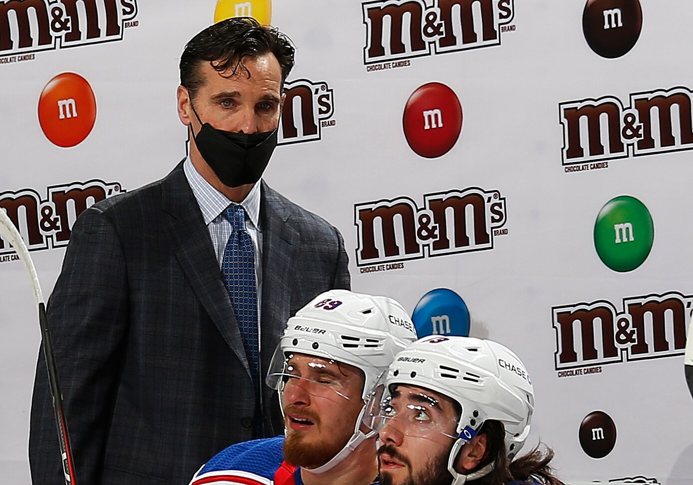 NEWARK, NJ - APRIL 13: Head coach David Quinn of the New York Rangers looks on against the New Jersey Devils during the first period at Prudential Center on April 13, 2021 in Newark, New Jersey. (Photo by Andy Marlin/NHLI via Getty Images)