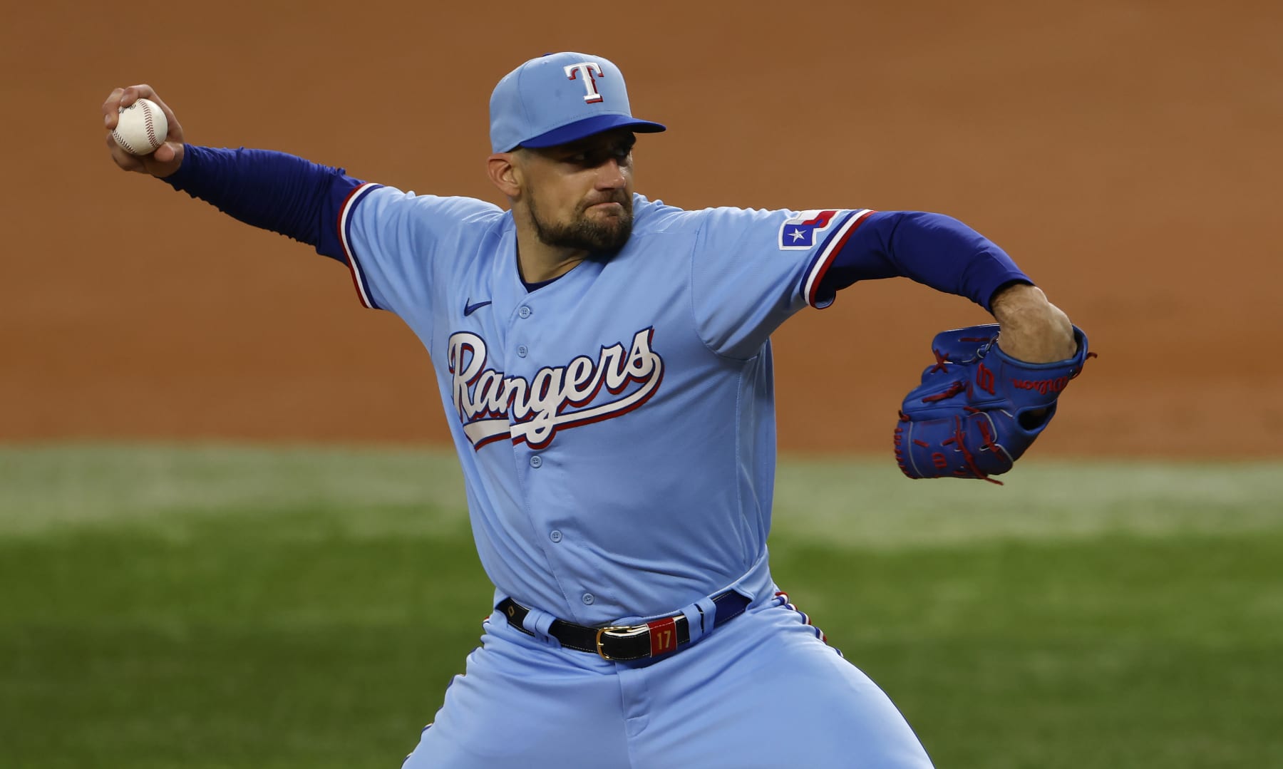ARLINGTON, TX - SEPTEMBER 24: Nathan Eovaldi #17 of the Texas Rangers pitches against the Seattle Mariners during the first inning at Globe Life Field on September 24, 2023 in Arlington, Texas. (Photo by Ron Jenkins/Getty Images)