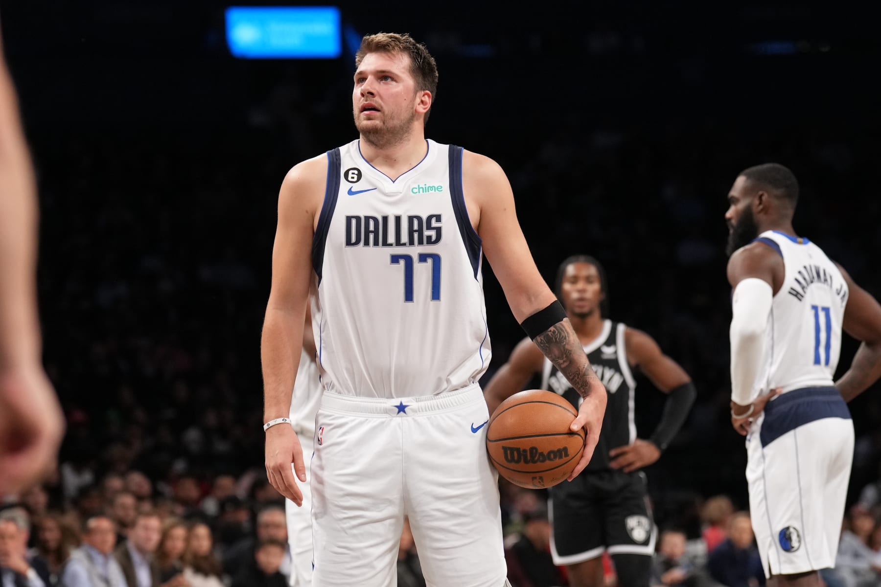 BROOKLYN, NY - OCTOBER 27: Luka Doncic #77 of the Dallas Mavericks prepares to shoot a free throw during the game against the Brooklyn Nets on October 27, 2022 at Barclays Center in Brooklyn, New York. NOTE TO USER: User expressly acknowledges and agrees that, by downloading and or using this Photograph, user is consenting to the terms and conditions of the Getty Images License Agreement. Mandatory Copyright Notice: Copyright 2022 NBAE (Photo by Jesse D. Garrabrant/NBAE via Getty Images)